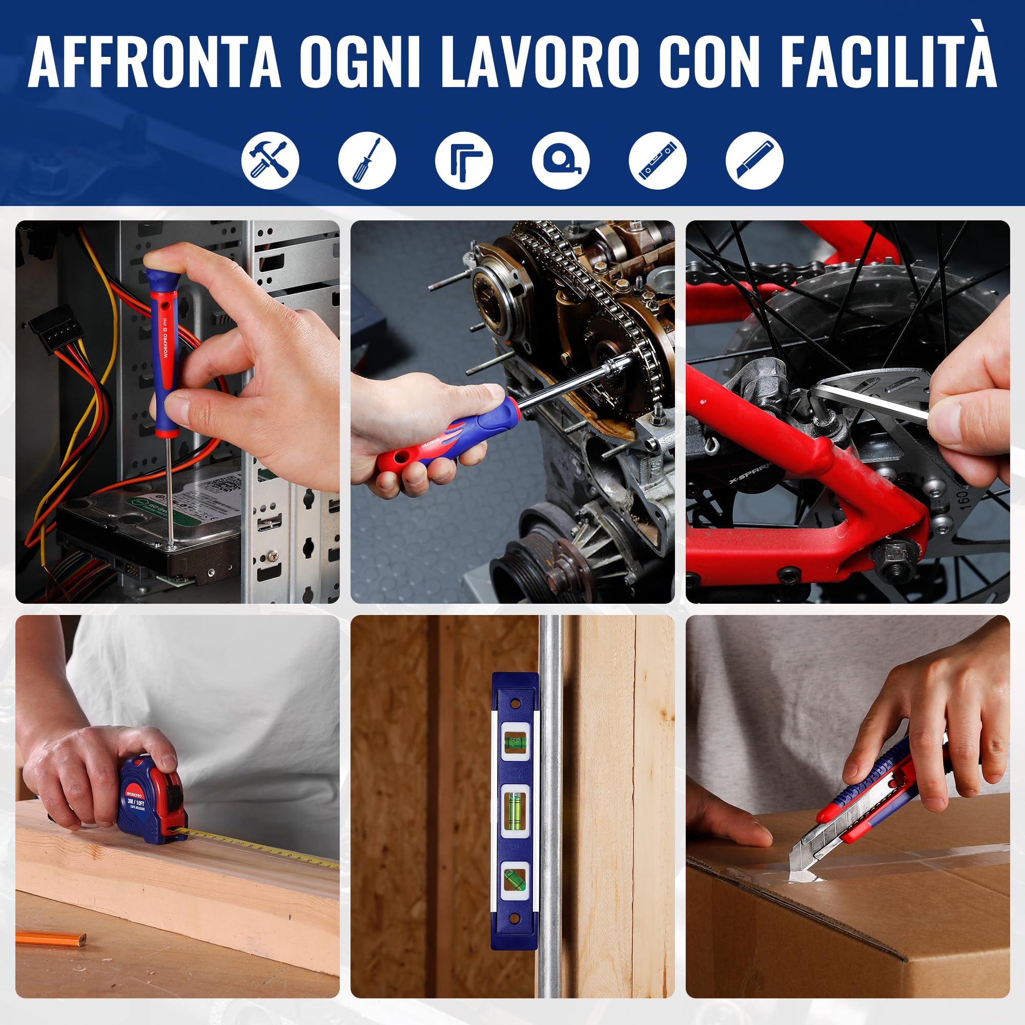 WORKPRO Set Porta Attrezzi Uso Domestico Riparazione 100 Pezzi Utensili per Officina e Lavoro con Pinza, Coltello, Cacciavite, Chiavi a Bussola, Livella, Metro in Cassetta