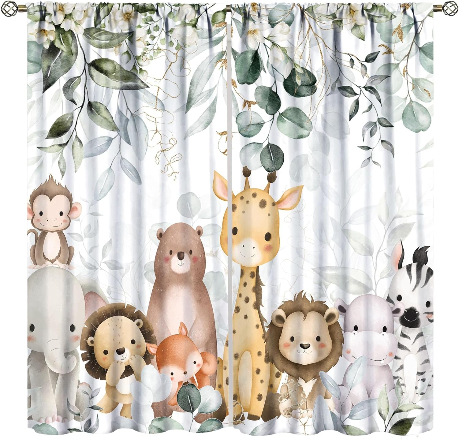 Kids Safari Animal Curtains,Cartoon Cute Woodland Jungle Animals Home Decor Drapes for Boys Girls Bedroom Living Room Nursery Window Treatment 2 Panels Set Total Size 42" W X 54" L Inch