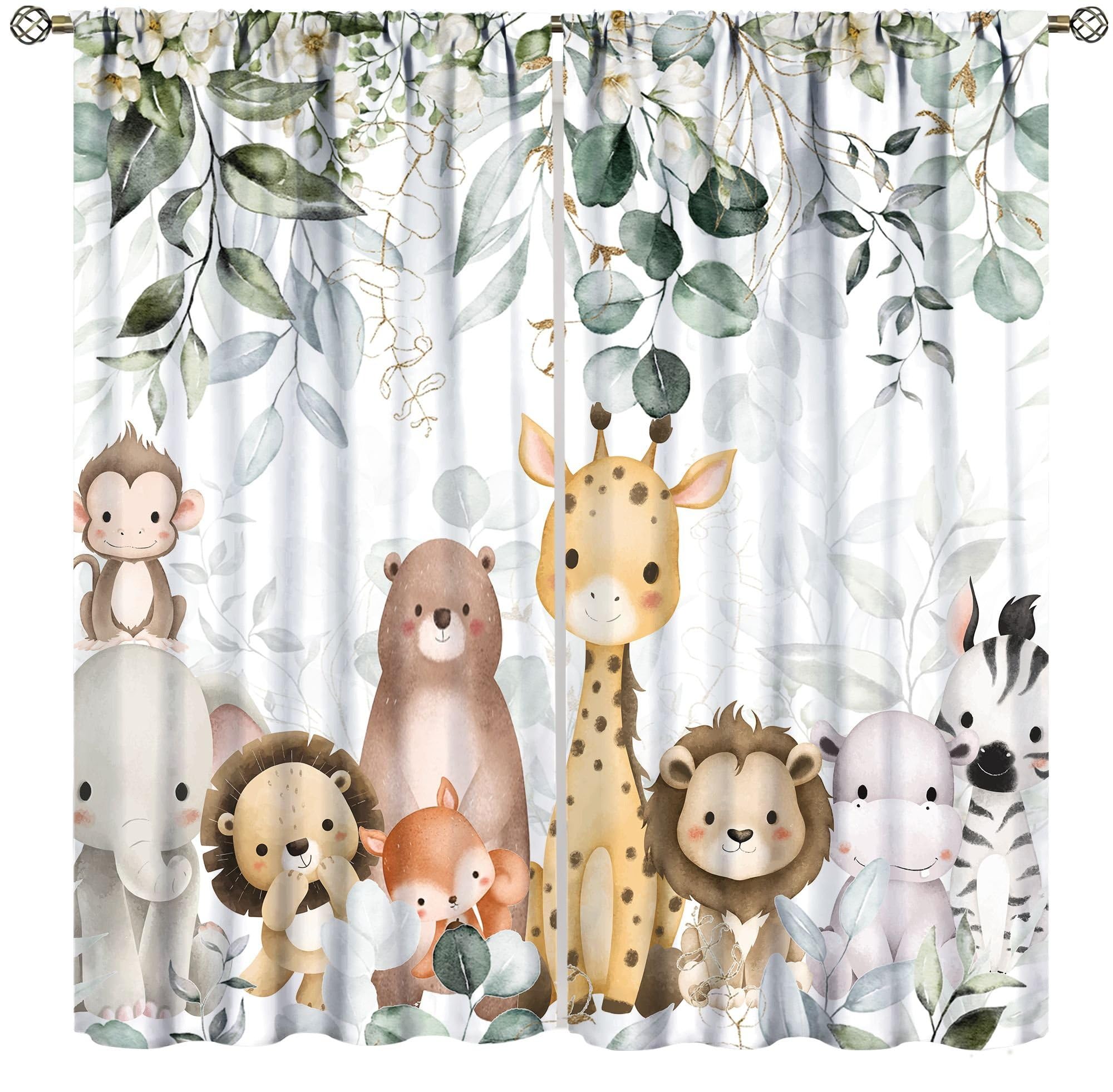 Kids Safari Animal Curtains,Cartoon Cute Woodland Jungle Animals Home Decor Drapes for Boys Girls Bedroom Living Room Nursery Window Treatment 2 Panels Set Total Size 52" W X 84" L Inch