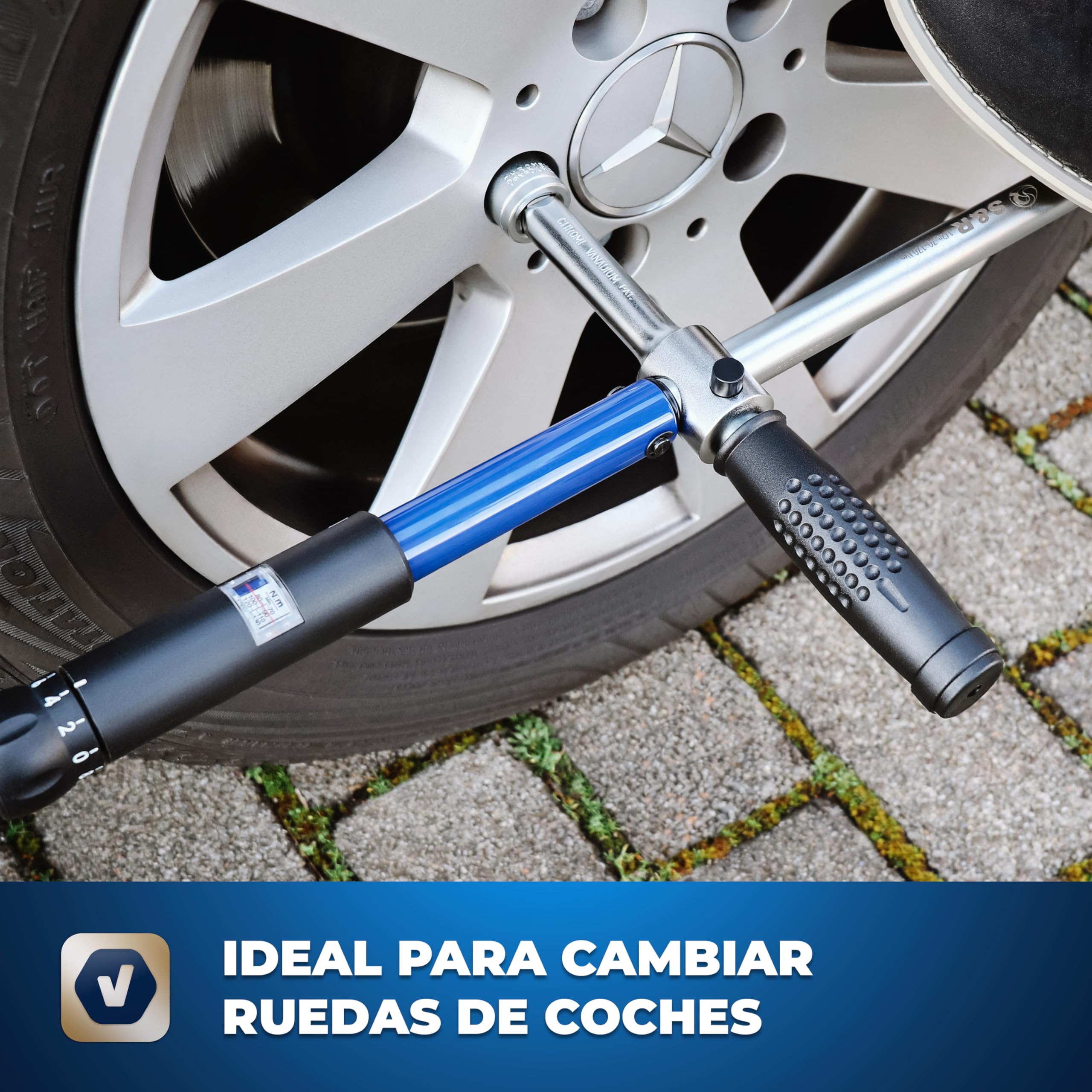 S&R Llave Dinamométrica 1/2 (70-170 Nm) Llaves Ruedas Auto Cruzada de 23.5 cm para Coches. Llave cruzada con 3 zócalos de 17, 19, 21 mm en acero CR-V en Caja Sólida