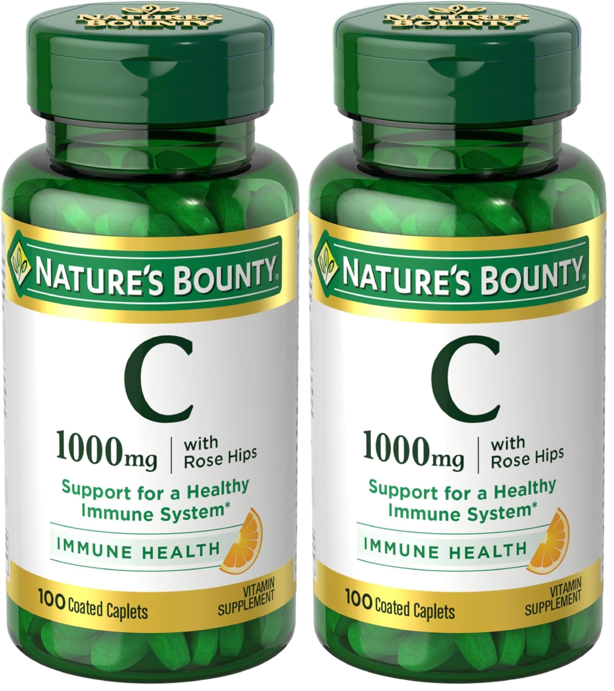 Nature's Bounty Vitamin C + Rose HIPS,Immune Support,1000mg Vitamin C,Coated Caplets,1 Serving per Day,Vegetarian Caplets,100 Ct,(Pack of 2) 100 Count (Pack of 2)