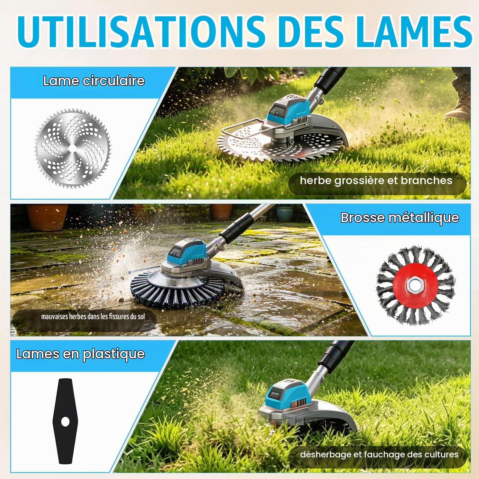 Debroussailleuse Electrique sans Fil 21V Coupe Bordure 3-en-1 avec 2 Batteries 4.0 Ah Débroussailleuses avec Brosse de Désherbage Poignée Réglable Convient aux Jardins et aux pelouses (Bleu)