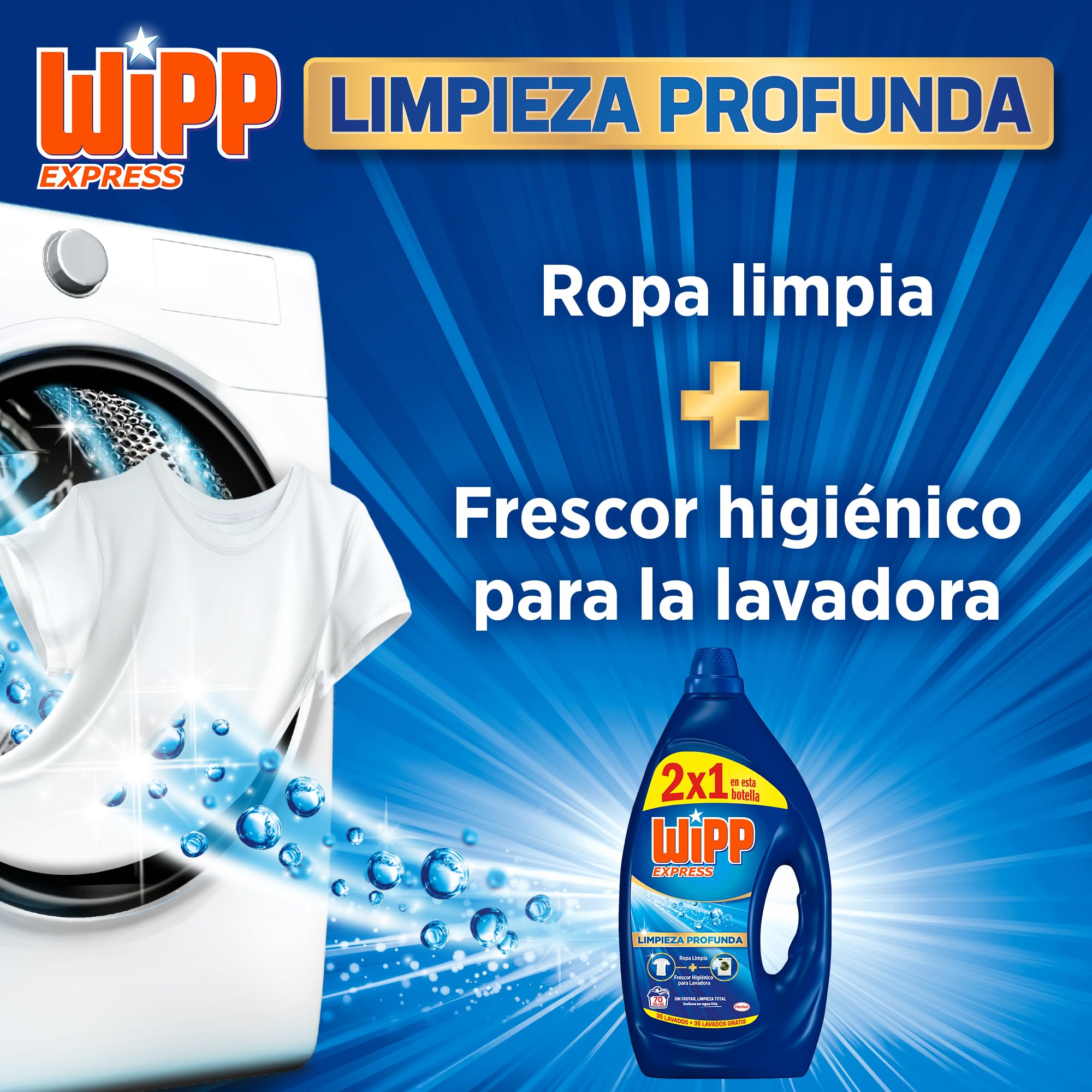 Wipp Express Limpieza Profunda Gel (3 x 3150 ml), detergente líquido con potente acción quitamanchas ropa, deja un frescor duradero en la lavadora, apto para agua fría