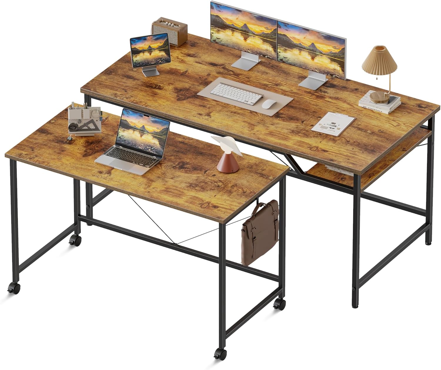 Mericonia 48" Computer Desk 2-Pack with 32" Rolling Cart, Shelf, Hook & Adjustable Feet - L-Shaped Home Office Desk for Small Spaces