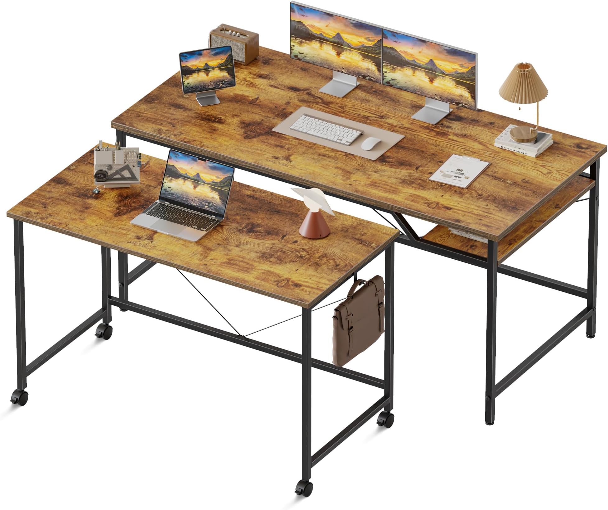 48 Inch Computer Desk Combination,63 inch L Shaped Gaming Desk for Small Spaces, 78 inch Two Person Office Table Combination with Wheels, Study Student Writing Table, Rustic Brown