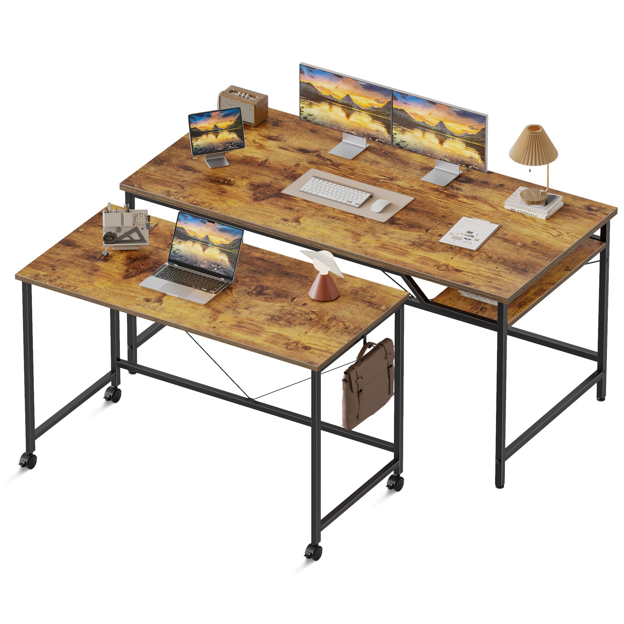 48 Inch Computer Desk Combination,63 inch L Shaped Gaming Desk for Small Spaces, 78 inch Two Person Office Table Combination with Wheels, Study Student Writing Table, Rustic Brown