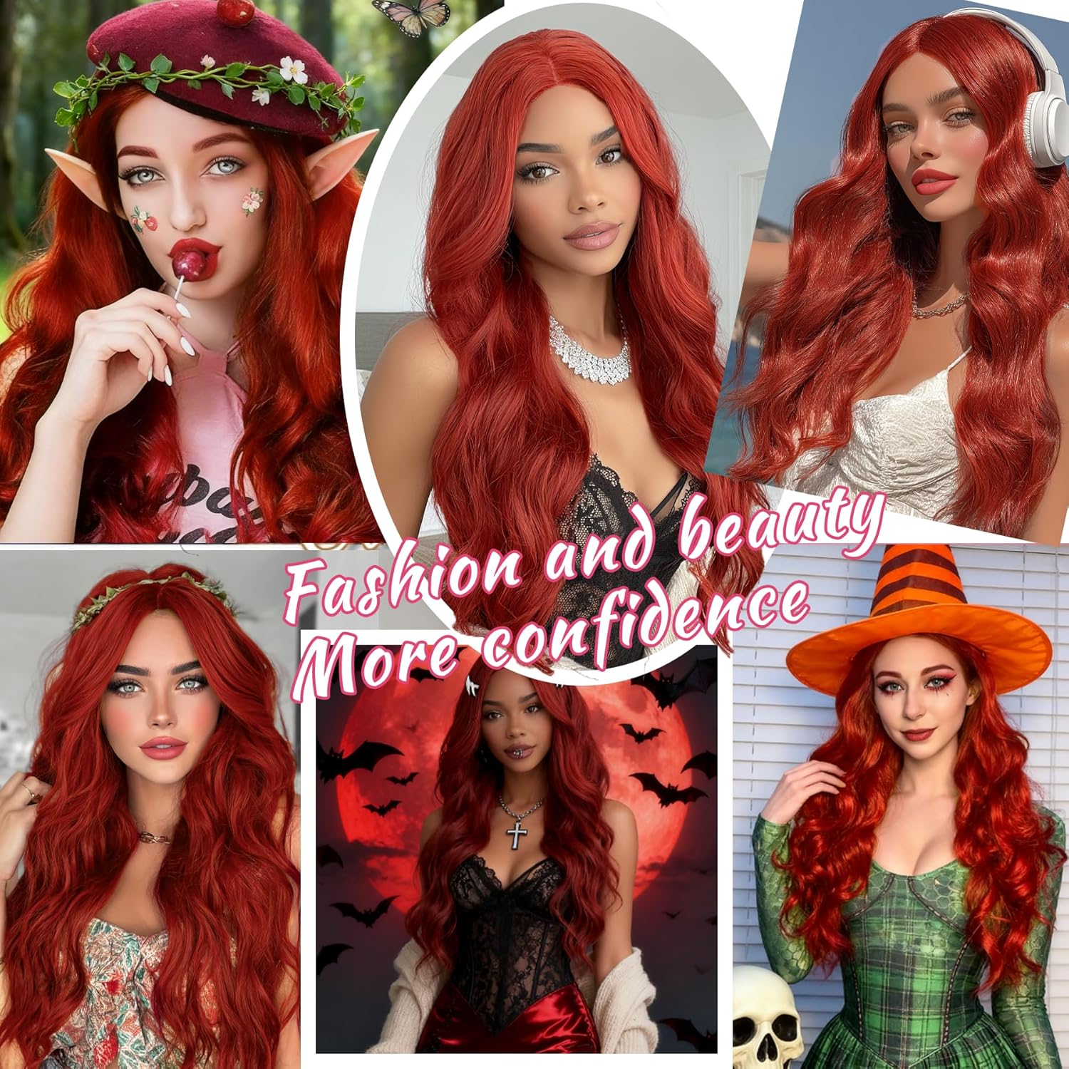 Red Wigs for Women Long Curly Wavy Wigs Middle Part Synthetic Wig Womens Red Curly Wig Wavy Cosplay Wigs Natural Looking Hair Replacement Wigs for Halloween Costume Daily Party Use - Image 3