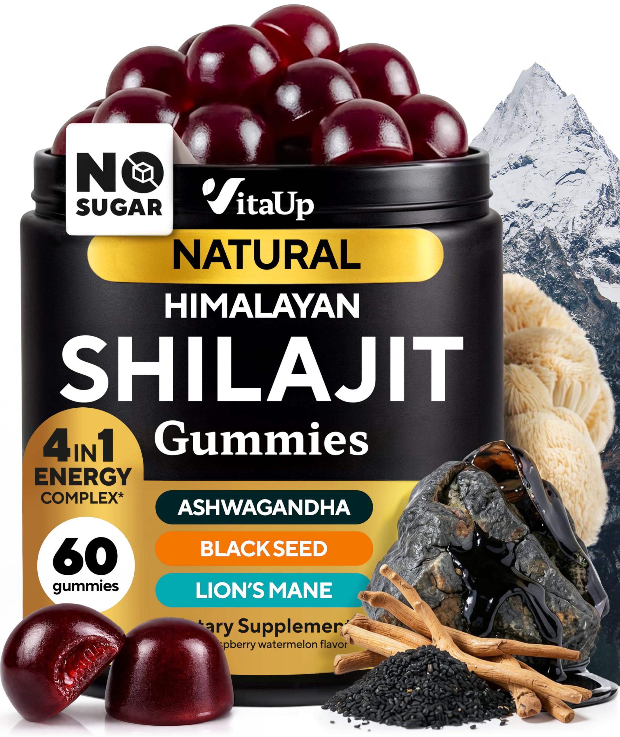 VitaUp Himalayan Shilajit Gummies for Men & Women – Sugar-Free Shilajit Gummies with Fulvic Acid – Pure Energy, Immune & Healthy Aging Support – 60 Gummies