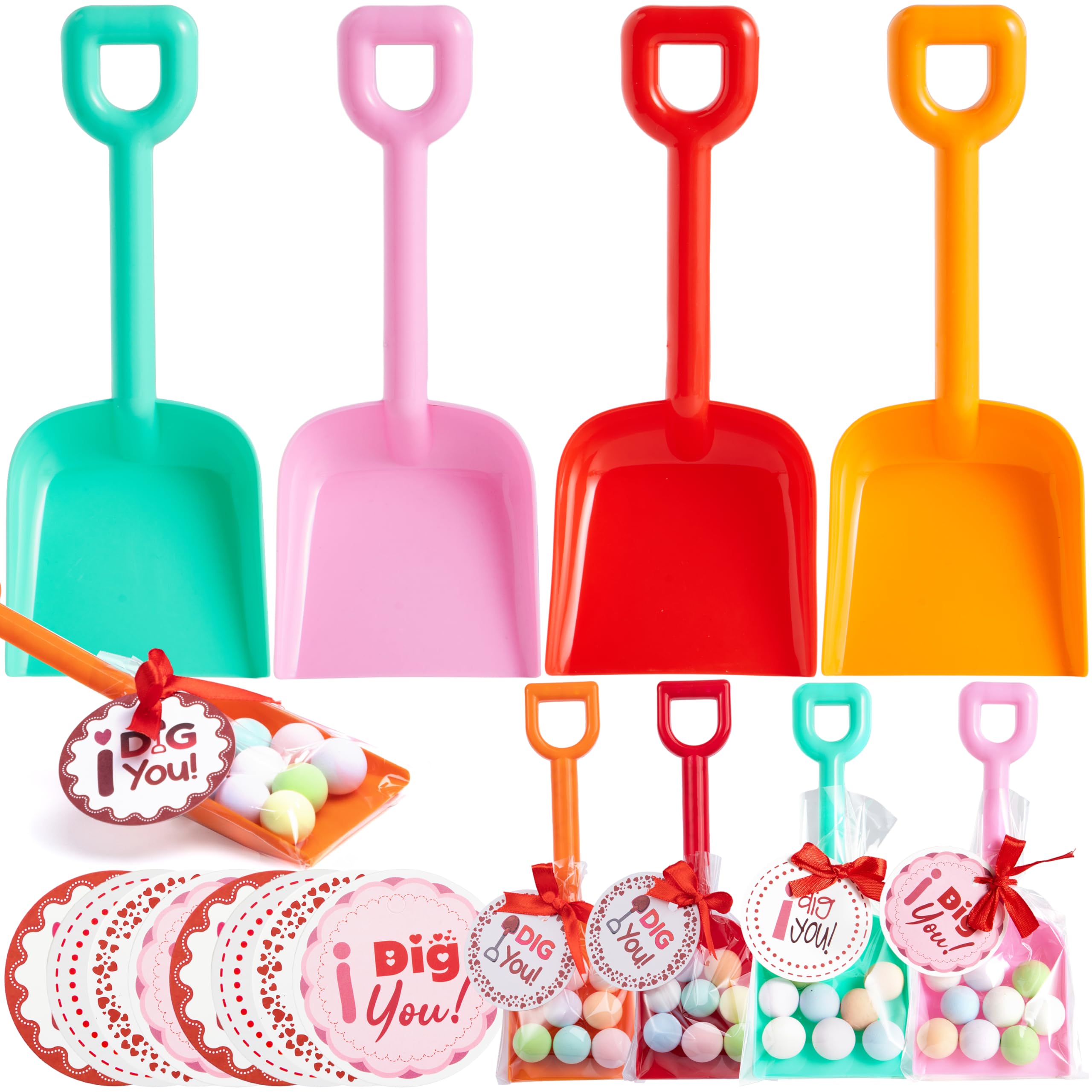 JOYIN 28 Pcs Toy Plastic Shovels 28 Valentines PE Bags, 28 Card Sheets I Dig You Valentine Stickers with Red Ribbon for Kids Valentines Day, Love Day Party Decor and Valentines Day Gifts