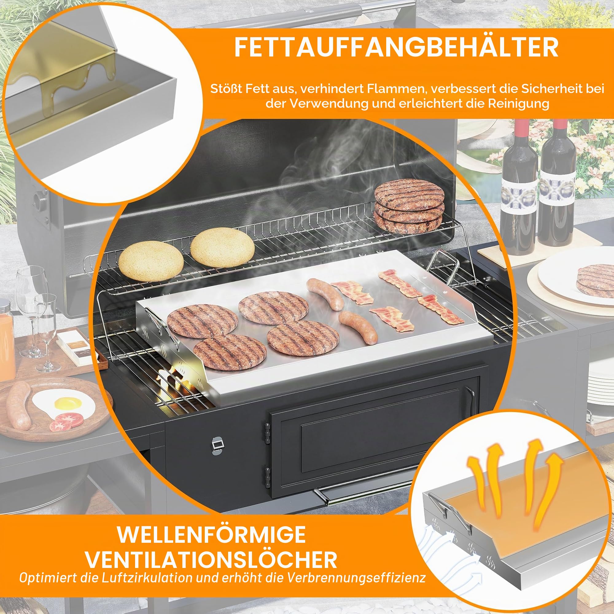 FIVMEN Plancha Grillplatte Edelstahl 54x32 cm Universal Grillpfanne Grill Platte mit 2 Grillspachtel Grillschale Grillplatten Edelstahlplatte Grill für BBQ Gasgrill Holzkohlegrill, mit 2 Griff