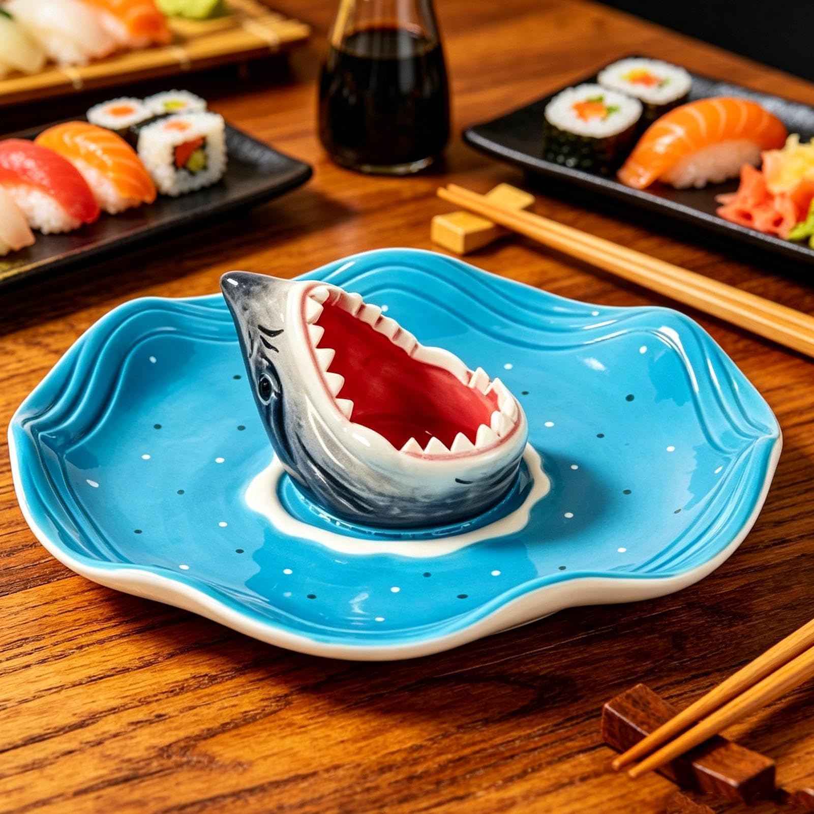 Bandeja de Tiburón para Sushi Plato de Cerámica Pintado a Mano para | Bandeja Aperitivos de Cerámica para charcutería tacos cheeseburger mariscos camarón sardina snack palomitas cumpleaño
