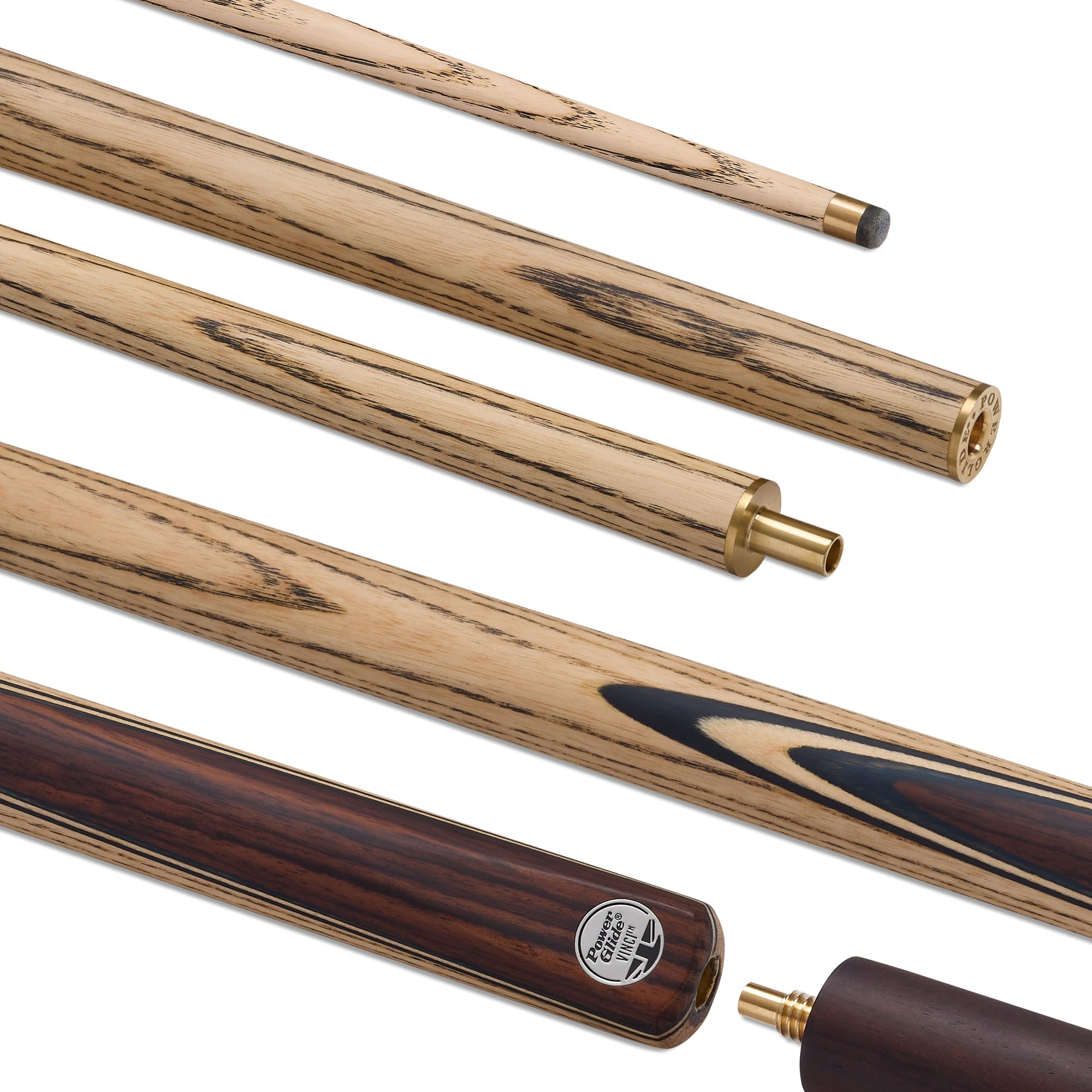 POWERGLIDE Vinci 2 Piece Snooker Cue – Extended Ash Shaft, Hand Spliced Rosewood Butt, Maple Veneers, Brass Joint, Pro Tip, 6” Extension – Performance Cue for Improving & Competitive Players