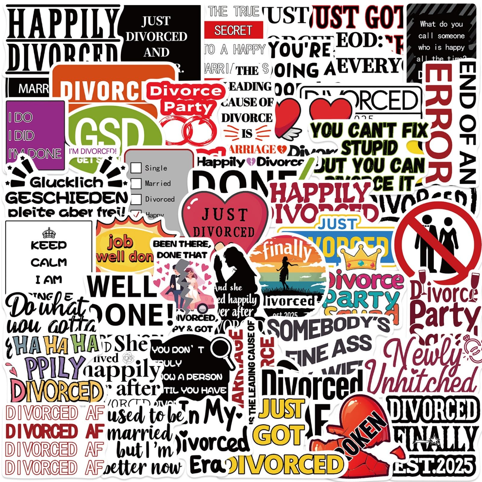PVC Divorce Humor Stickers Labels Pack of 50 Waterproof Decals for Scrapbooking Journaling Gadgets and Bottles Divorce Humor Stickers