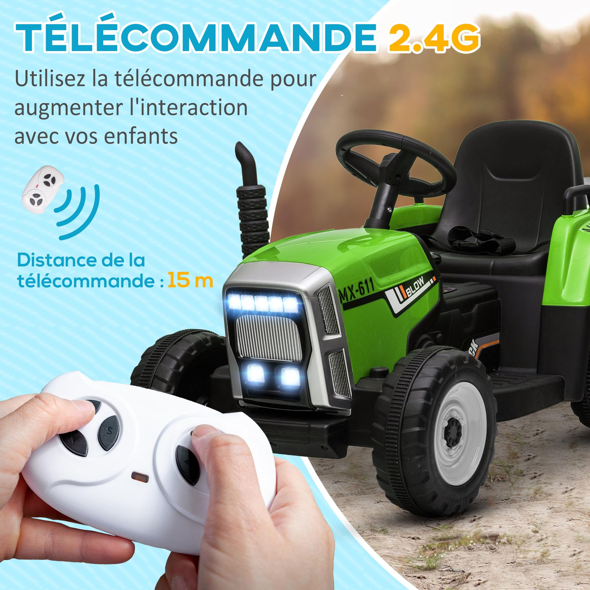 HOMCOM Tracteur électrique avec remorque Amovible, Voiture électrique Enfants de 3 à 6 Ans avec télécommande MP3 Musique Affichage lumières et Ceinture de sécurité, 12V 3-6 km/h, Vert