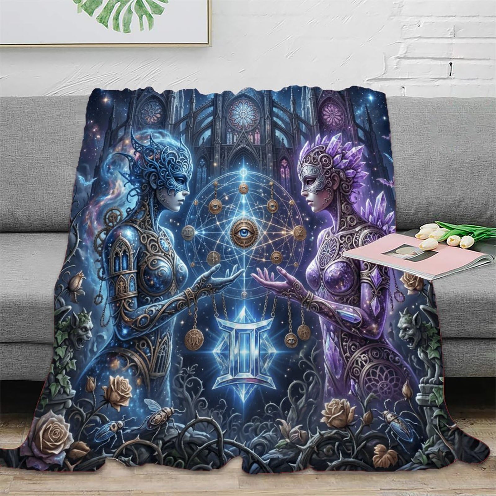 W7C8U2X3 Gemini Zodiac Mystical Flannel Throw Blanket, Bedroom Sofa Couch