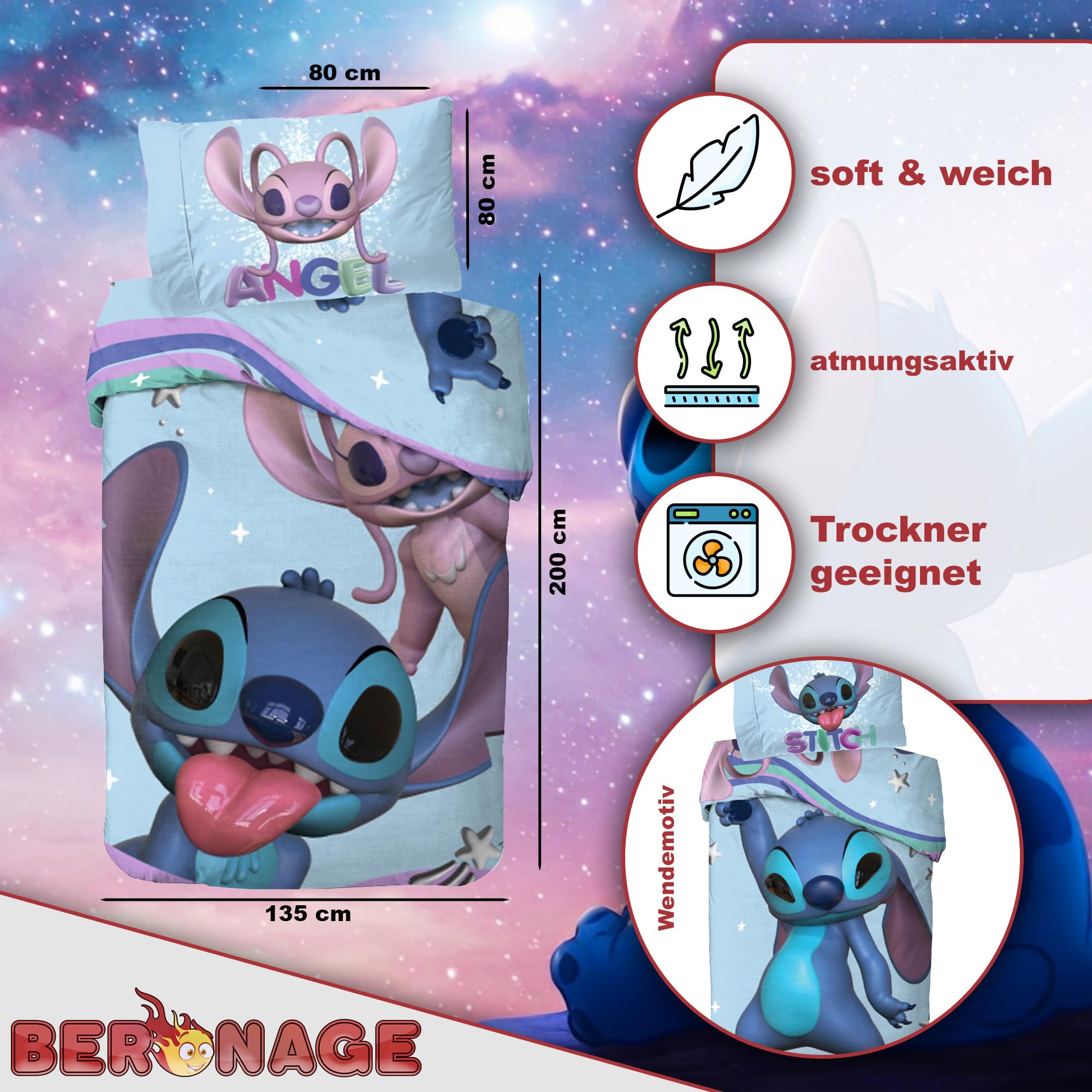 Lilo und Stitch Disney Kinder-Bettwäsche Set Angel Hearts - 135 x 200 cm + 80 x 80 cm - 100% Baumwolle Renforcé Linon-Qualität Wendebettwäsche Bettzeug Bettbezug mit YKK Reißverschluss Deutsche Größe