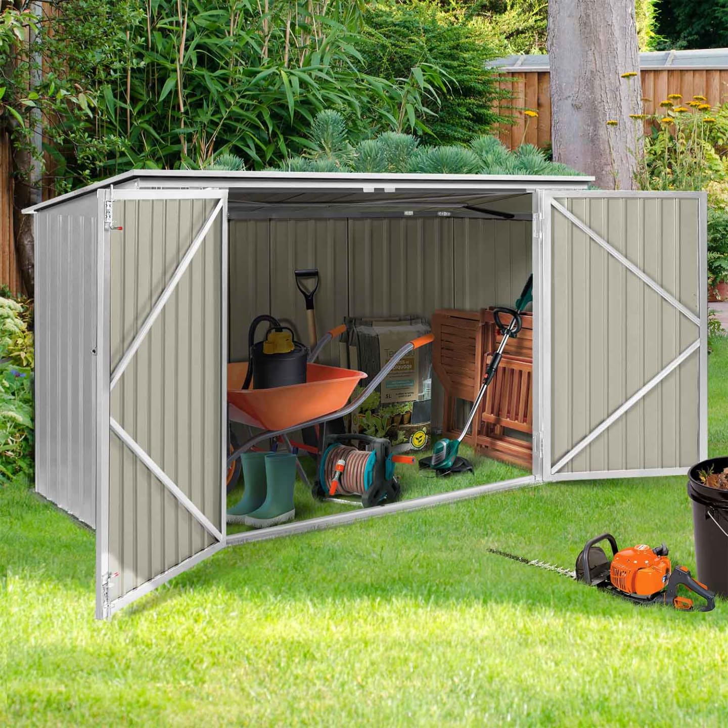 IDMarket - Gartenhaus aus Metall, hellgrau, abschließbar, mit Mehreren Aufbewahrungsmöglichkeiten für Fahrräder, Werkzeuge und Mülltonnen
