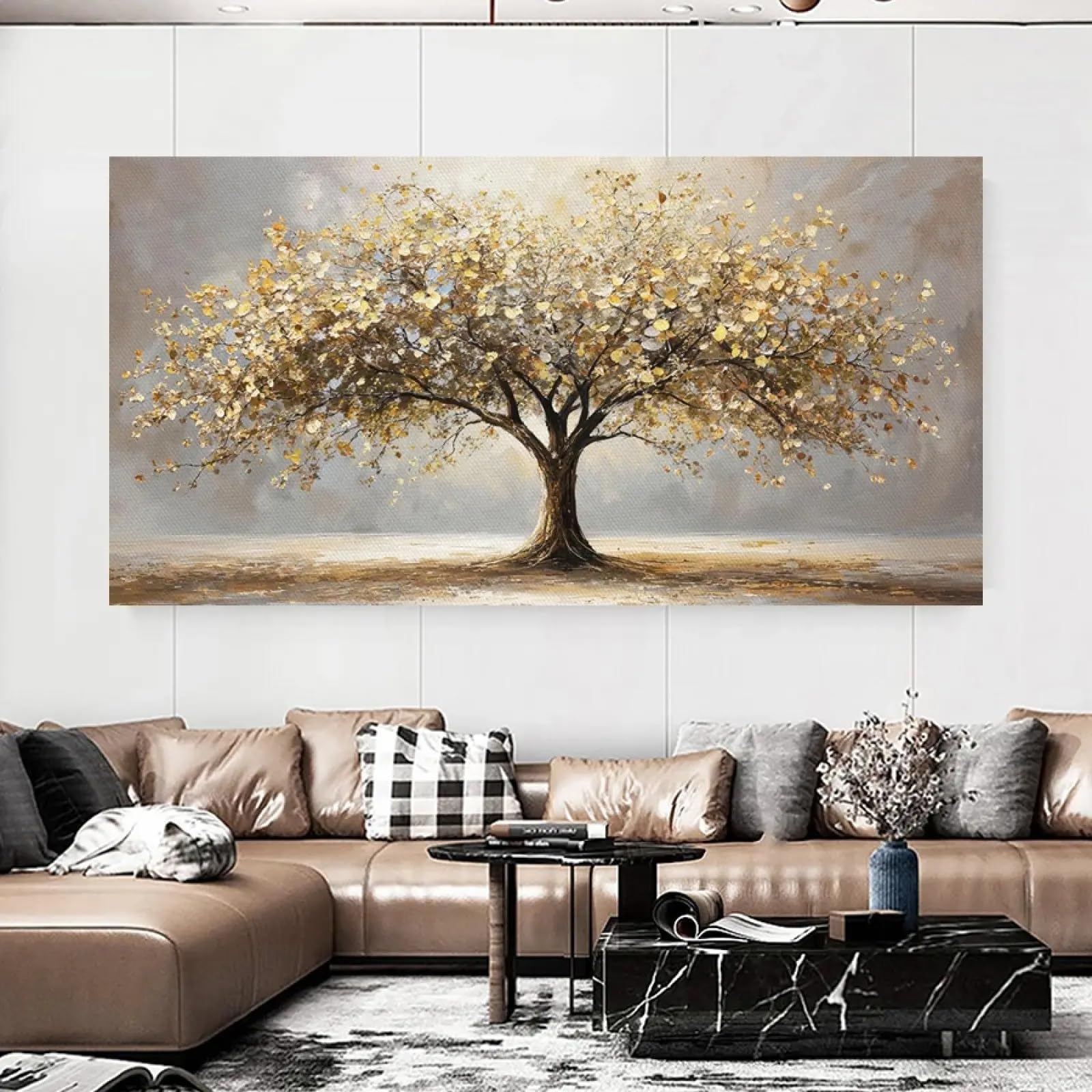 Toile Murale Arbre de Vie aux Feuilles Dorées Cadre 70x140cm - 8