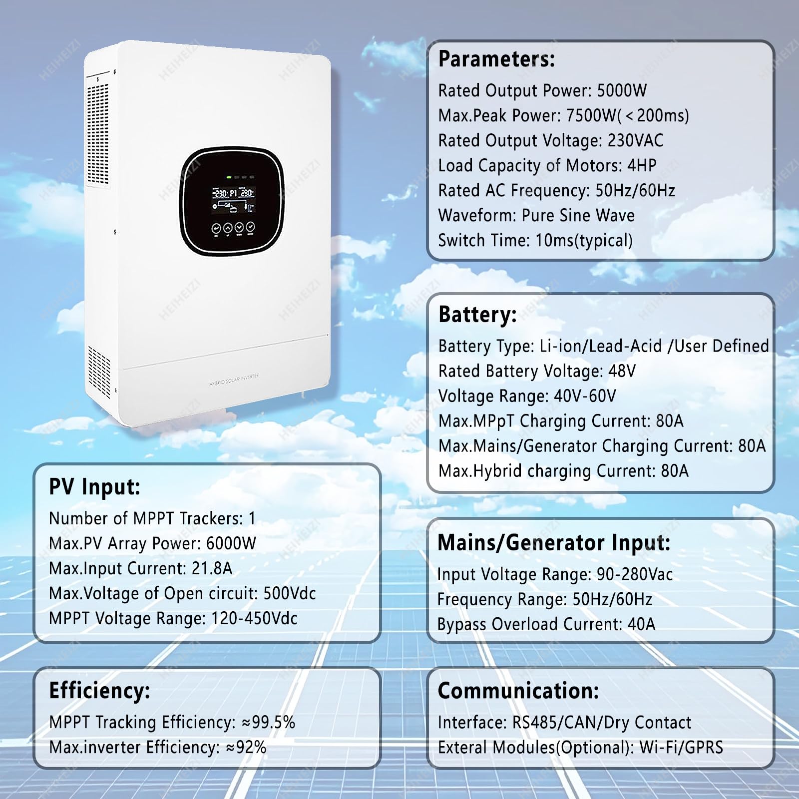 Inversor solar híbrido de 5,0 kW, cargador de onda sinusoidal pura para uso fuera de red con pantalla LCD y controlador de carga solar MPPT de 80 A, eficiencia de seguimiento del 99,5 %, compatible