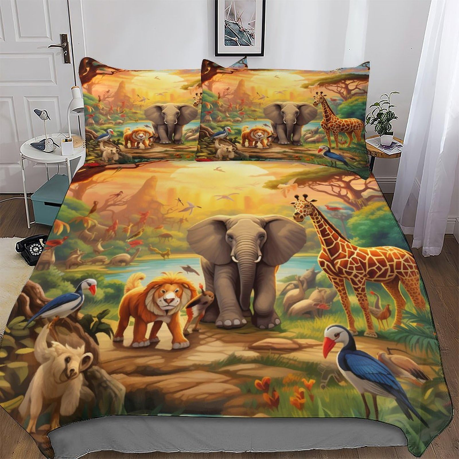 AASWDFR African Animal Comforter Cover Set Microfibre Bedding Set Duvet Cover with Pillowcases Soft Quilt Cover 3 Pcs For Boys Girls Double (200x200cm)