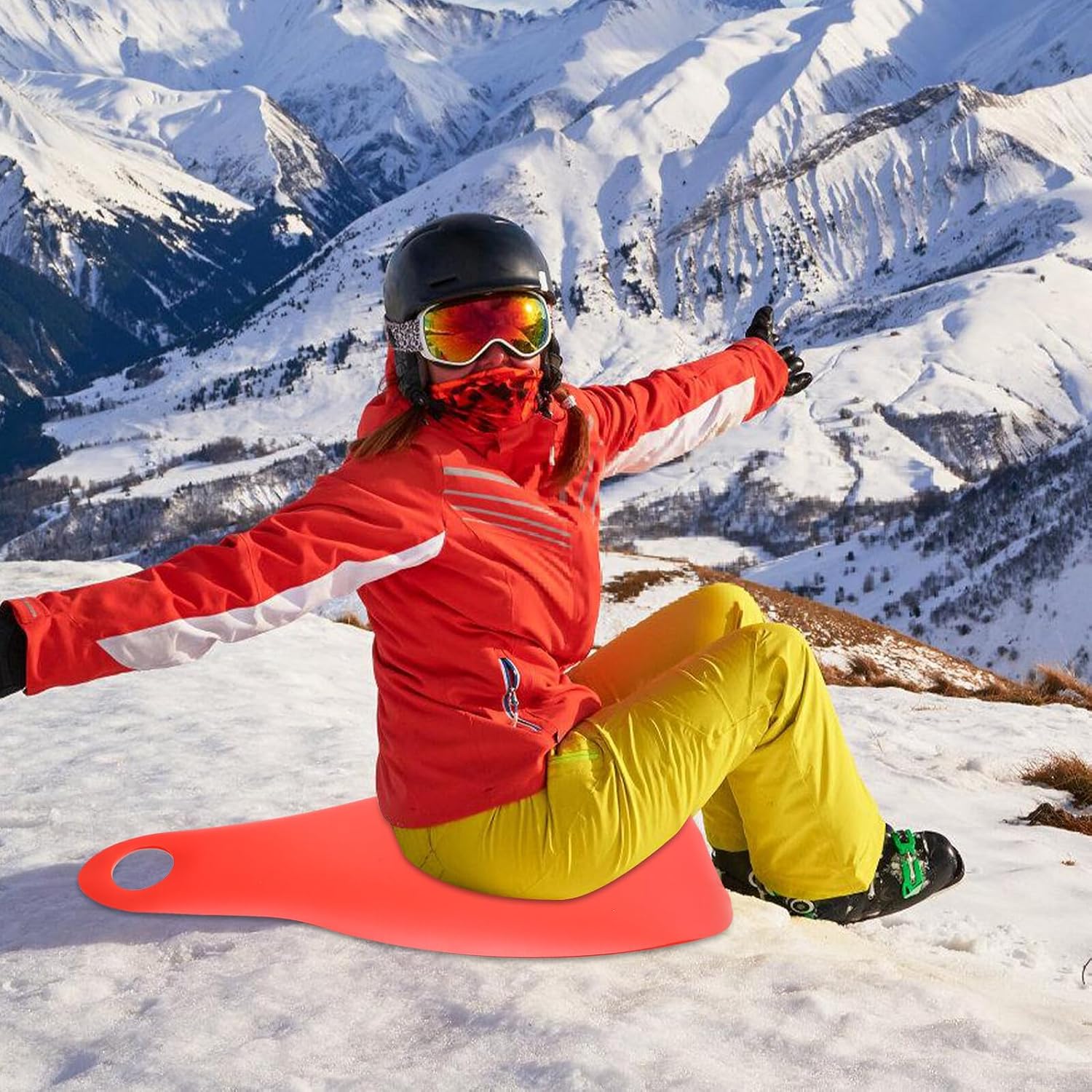 Ciieeo Portable Snow Sled Board and Outdoor Grass Slider, Foldable Red Plastic Winter Skiing Board for Adults, Lightweight Snowfield Supply and Sledding Accessory