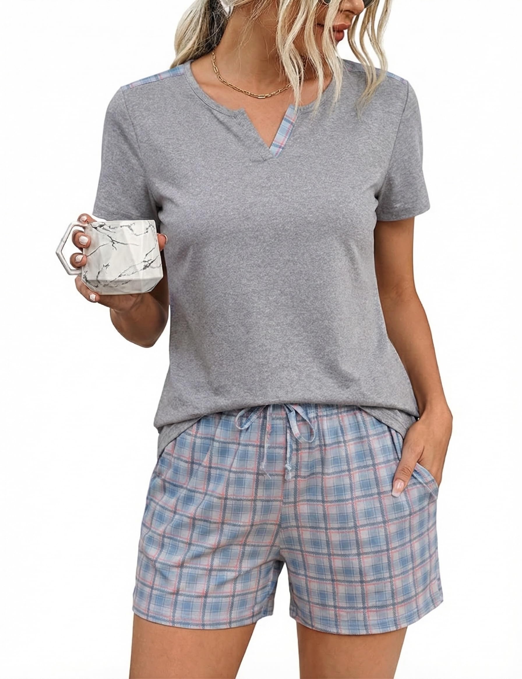 Marvmys Schlafanzug Damen Kurz Baumwolle Sommer Zweiteiliger Pyjama Set Kurze Ärmel V-Ausschnitt mit Knöpfe Sleepwear Loungewear mit Shorts S-XXL