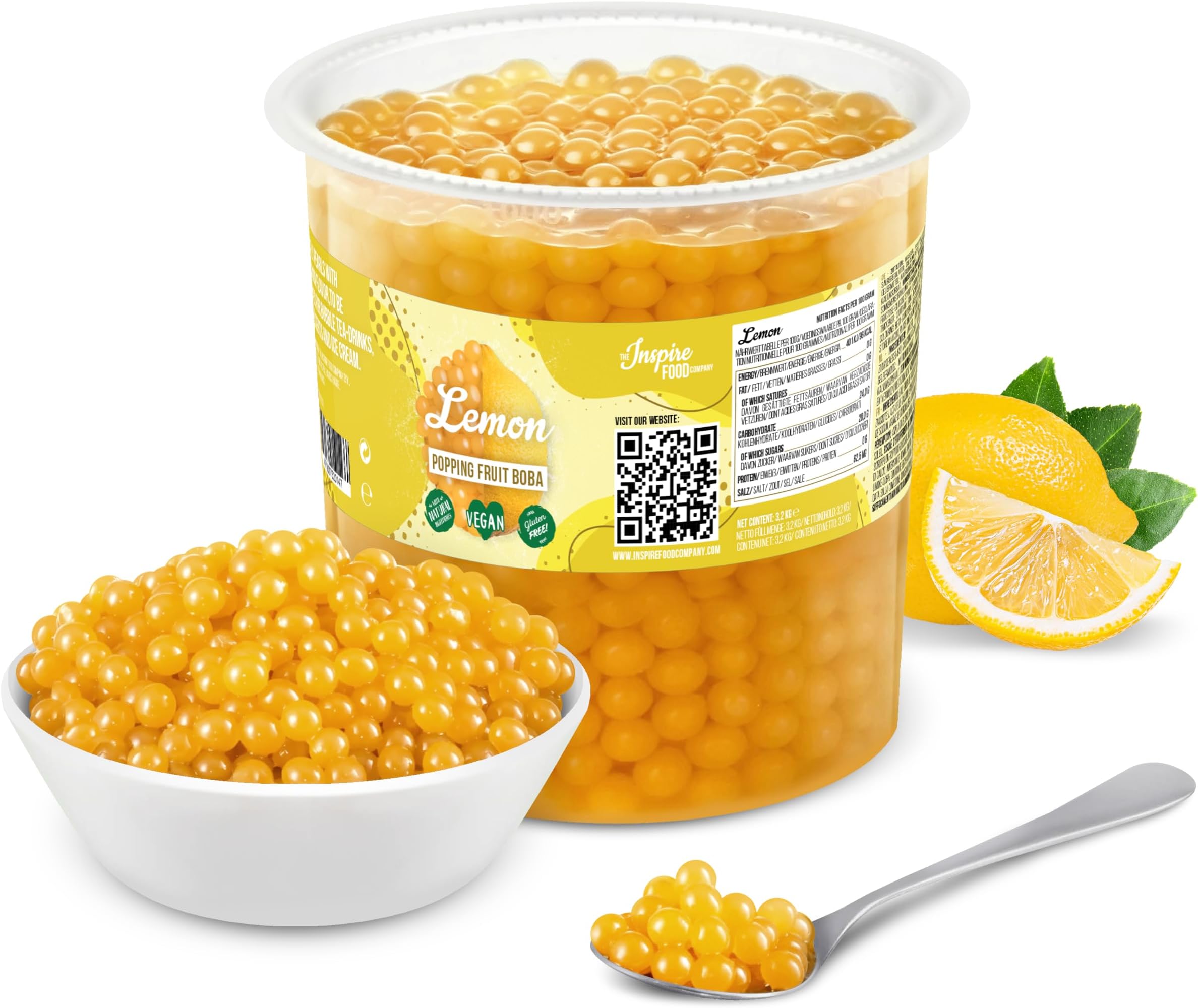 The Inspire Food Company Popping Boba Pearls for Bubble Tea - 3.2KG | Lemon | Bursting Pearls Bubble | Real Fruit Juice For Shakes, Smoothie | 100% Vegan & Glutenfree, No Artificial Colors