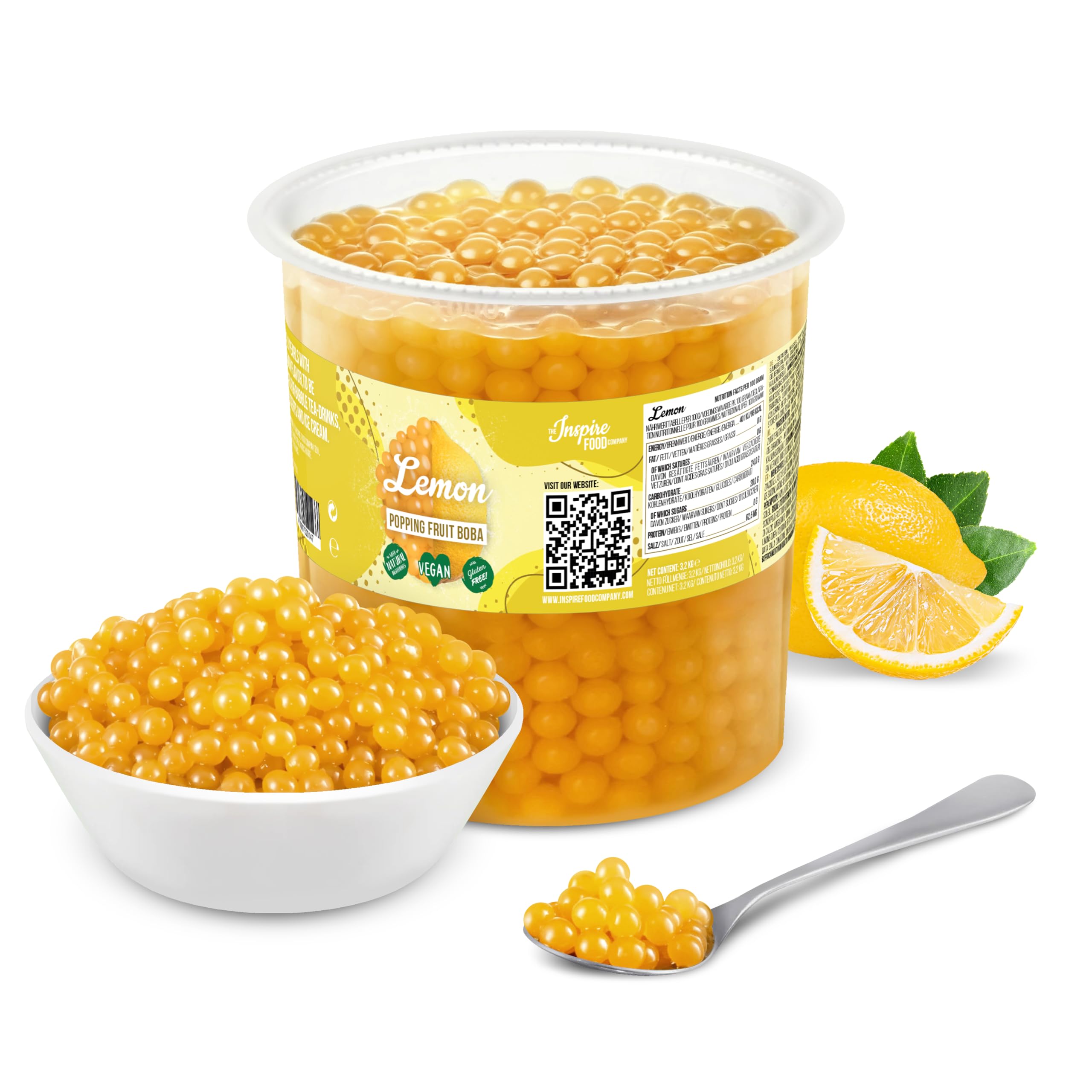 The Inspire Food Company Popping Boba Pearls for Bubble Tea - 3.2KG | Lemon | Bursting Pearls Bubble | Real Fruit Juice For Shakes, Smoothie | 100% Vegan & Glutenfree, No Artificial Colors
