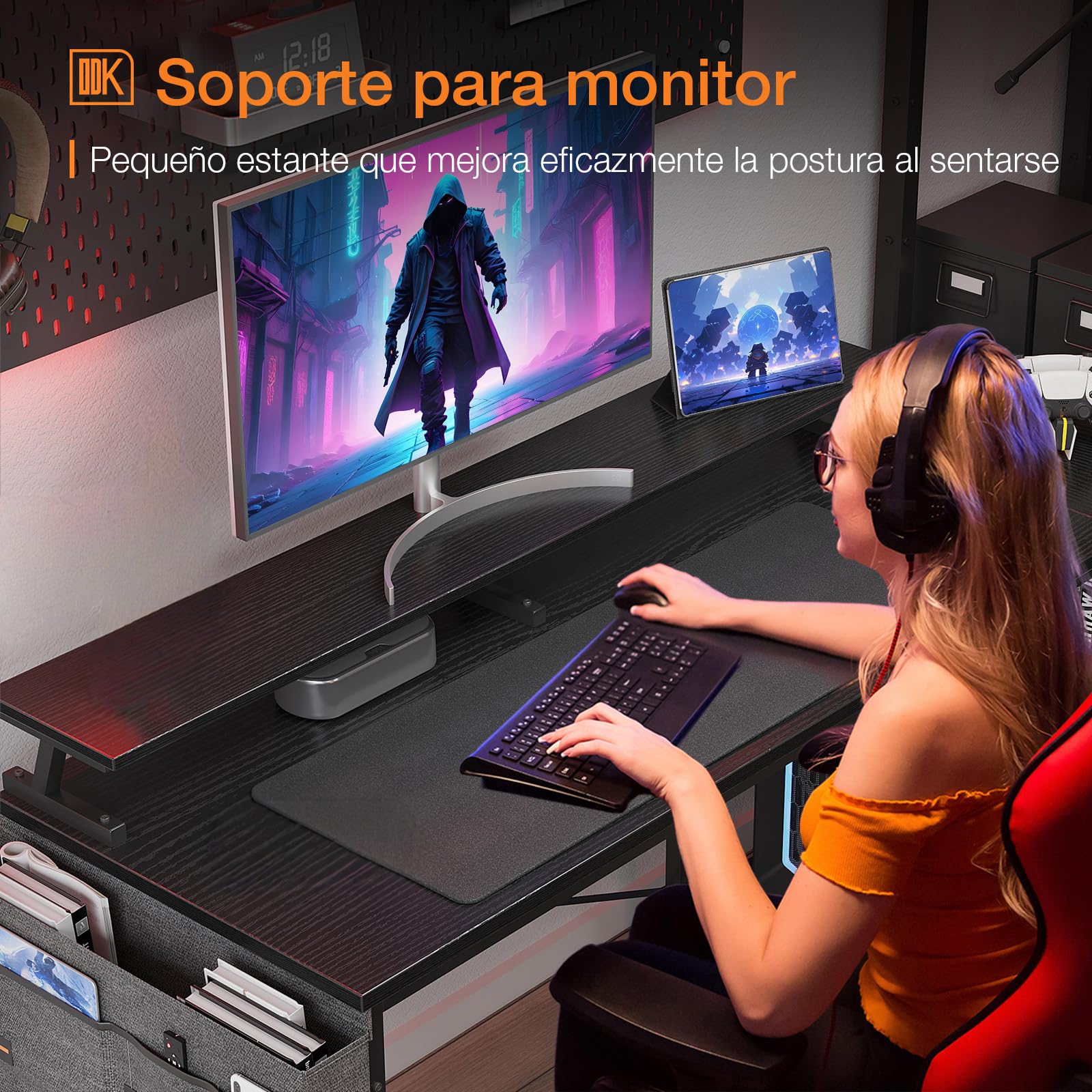 ODK Escritorio Esquinero con Estantes Reversible, 120x80cm, Negro | Escritorio Gaming en L con Puertos USB y Enchufes Integrados, Soporte para Monitor para Oficina en Casa y Jugadores