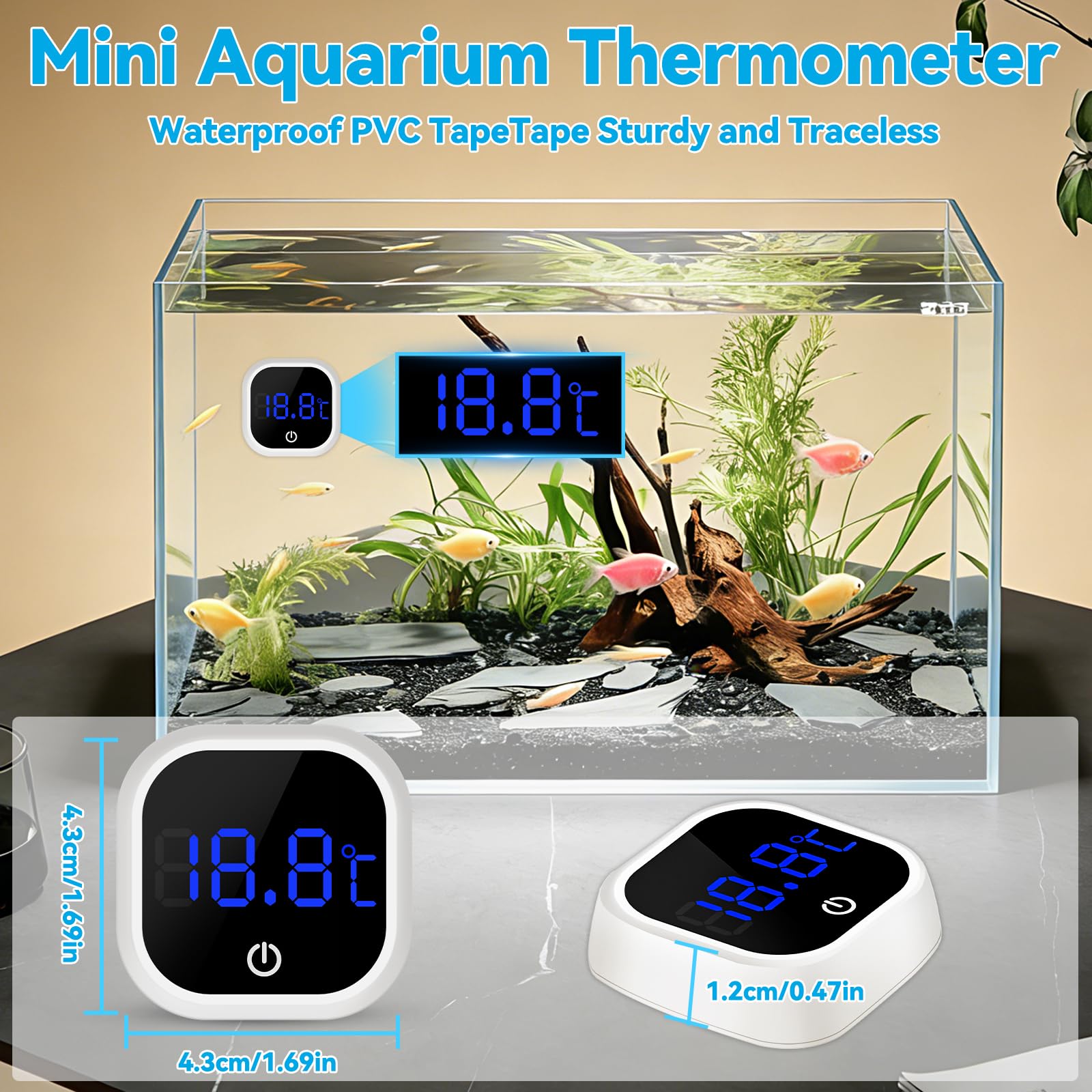 Termometro Digitale per Acquari LED Touch Screen Wireless, Alta Precisione 1℃, per Acquari Tropicali e Rettili, Accessorio Acquario, Bianco