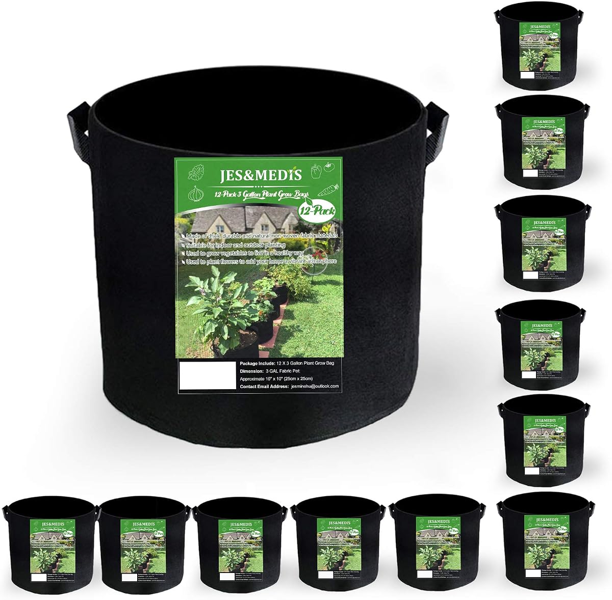 JES&MEDIS 12-Pack 5 Gallon Plant Grow Bags Thick Aeration Non Woven Fabric Flower Vegetable Pots with Handles Garden Container Black (5 Gallon_12 Pack)