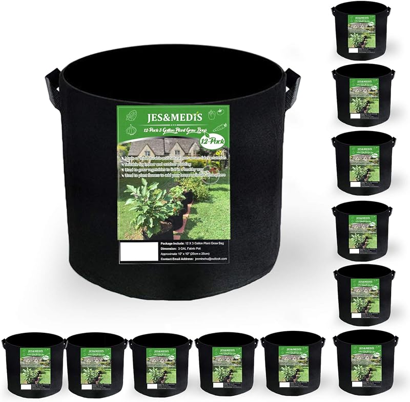 JES&MEDIS 12-Pack 5 Gallon Plant Grow Bags Thick Aeration Non Woven Fabric Flower Vegetable Pots with Handles Garden Container Black (5 Gallon_12 Pack)