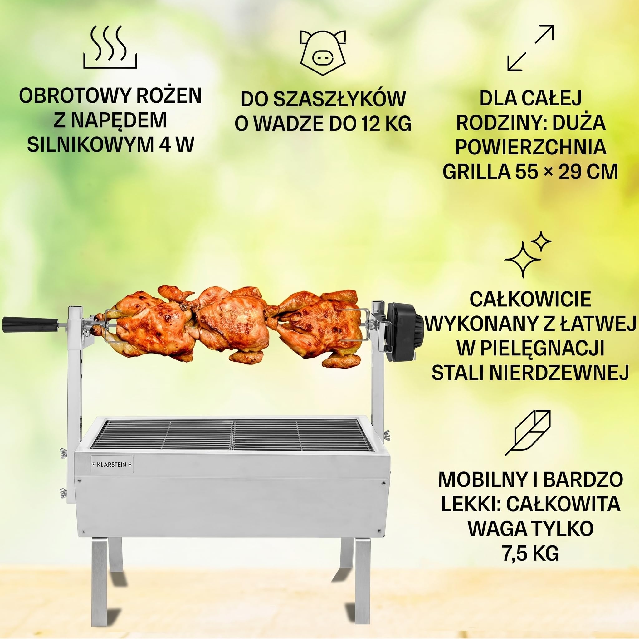 Klarstein Grill rożnowy 2w1 z silnikiem, Mini grill z rożnem, Elektryczny rożnowy do kurczaka i prosiaka, z rusztem ze stali nierdzewnej, węglowy na kółkach