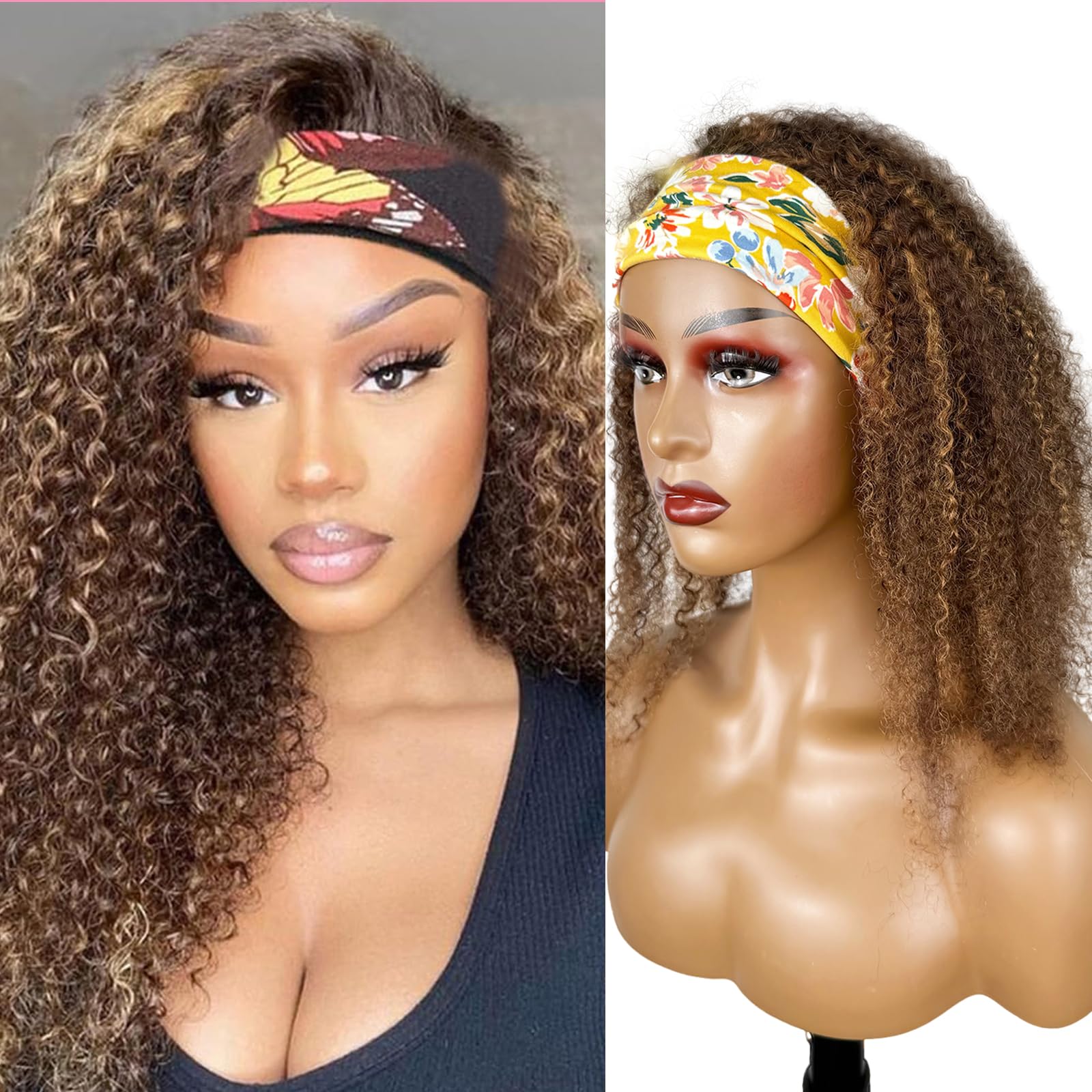 Ombre Highlight Headband Wig Human Hair #4/27 Colored Kinky Curly Headband Wig for Black Women Glueless None Lace Front Human Hair Wigs Brazilian