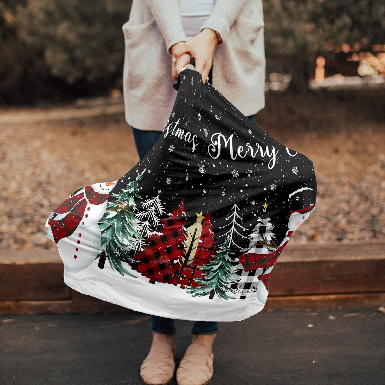 Nursing Cover for Breastfeeding Scarf, Christmas Snowman Check Xmas Tree Snowflake Black Baby Car Covers Super Soft Multi Use for Canopy Shopping Cart Cover Blanket Stroller Cover