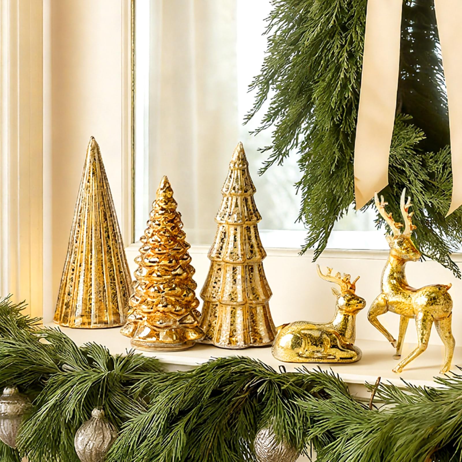 Flutesan Lot de 5 sapins de Noël et rennes éclairés en verre mercure pour table de Noël, centre de table, décoration pour maison, fête de Noël, cheminée
