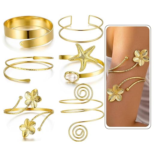 6PCS Gold Arm Cuff Bracelets for Women, Boho Statement Gold Upper Arm Bangle Band Armlet, Open Adjustable Cuff Bracelet set Stackable Jewelry