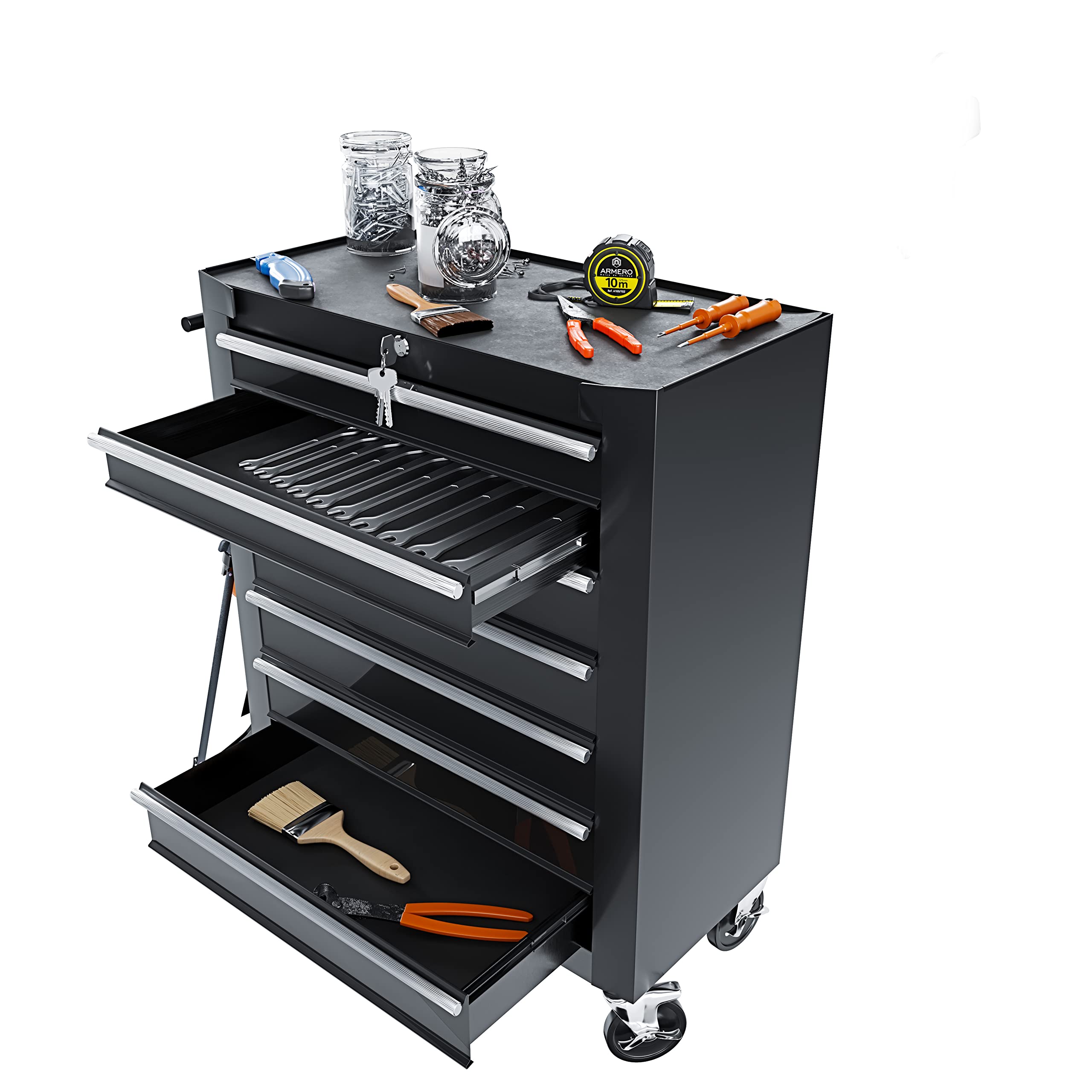 Carrello Da Officina Con 7 Scomparti In Metallo Cassetti Con Serratura Centralizzata Rivestimento Antiscivolo E Ruote Con Freno Di Stazionamento Porta Attrezzi 77.5 x 33 x 70 Cm (Nero)