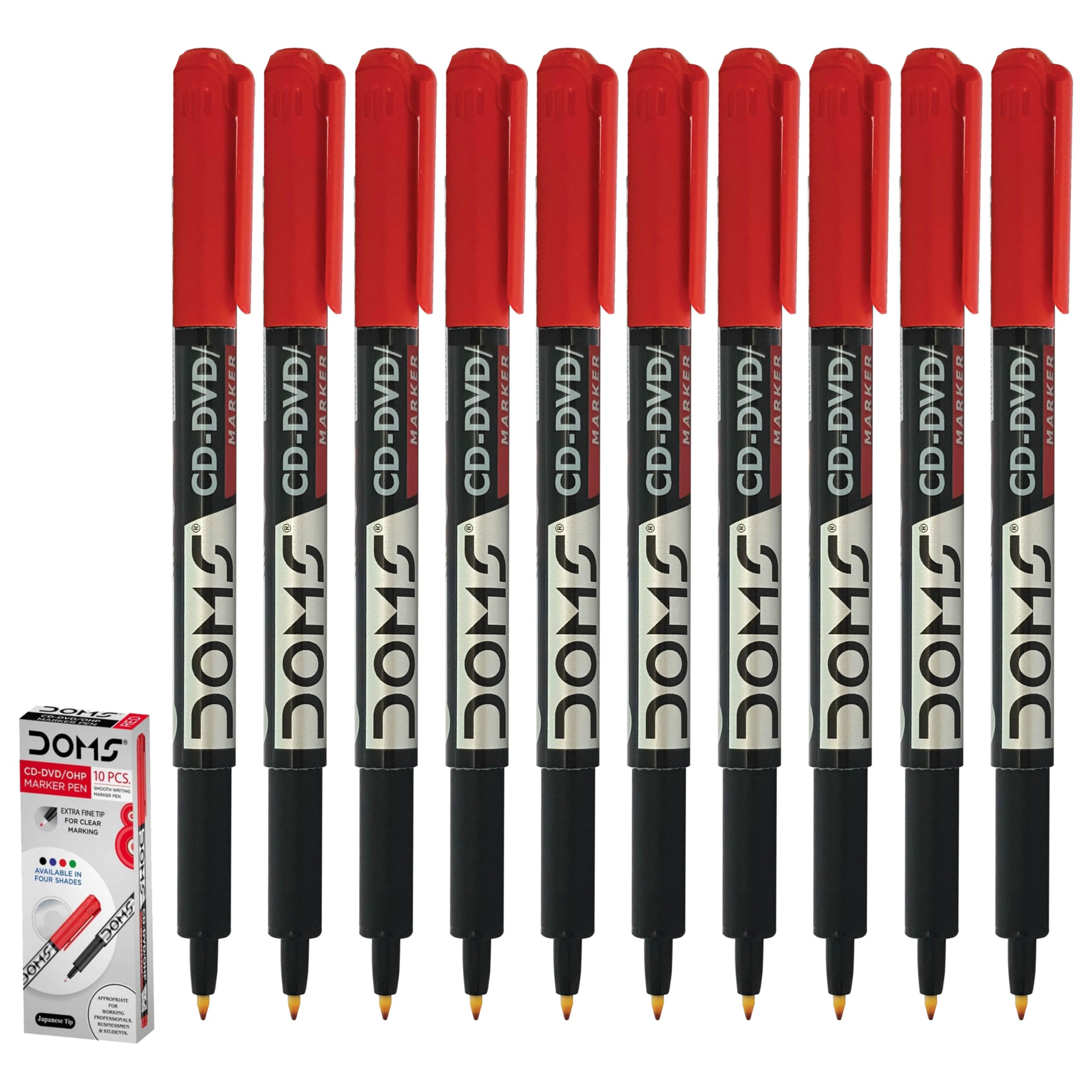 DOMFine Permanent Marker Pens, RED, Pack of 10, Extra Fine Tip CD/DVD Markers, Write on Most Surface, Waterproof Ink, Quick Dry, iZOFAX Black Ball Pen