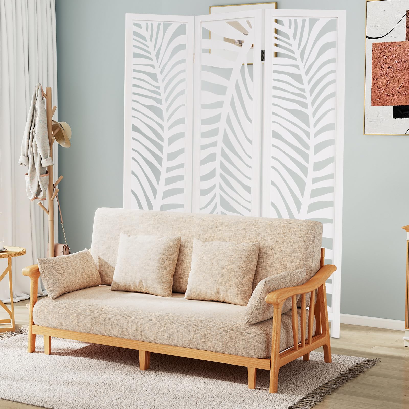 GIANTEX Biombo Plegable de Madera de Paulownia, 3 Paneles, Separador de Privacidad con Patrones Elegantes, 121 x 170 cm, Divisor de Espacios para Salón, Dormitorio, Oficina (Blanco)