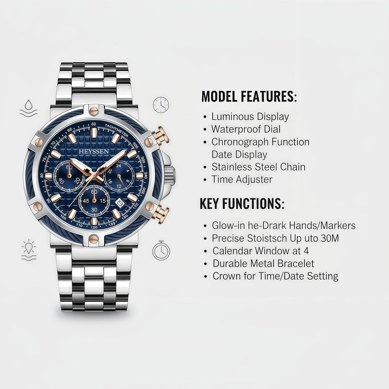 Chronograph Watches for Men Stainless Steel Band Sport Luminou Dial Chronograph Waterproof Watch with Timer & Birthday Gifts for Men