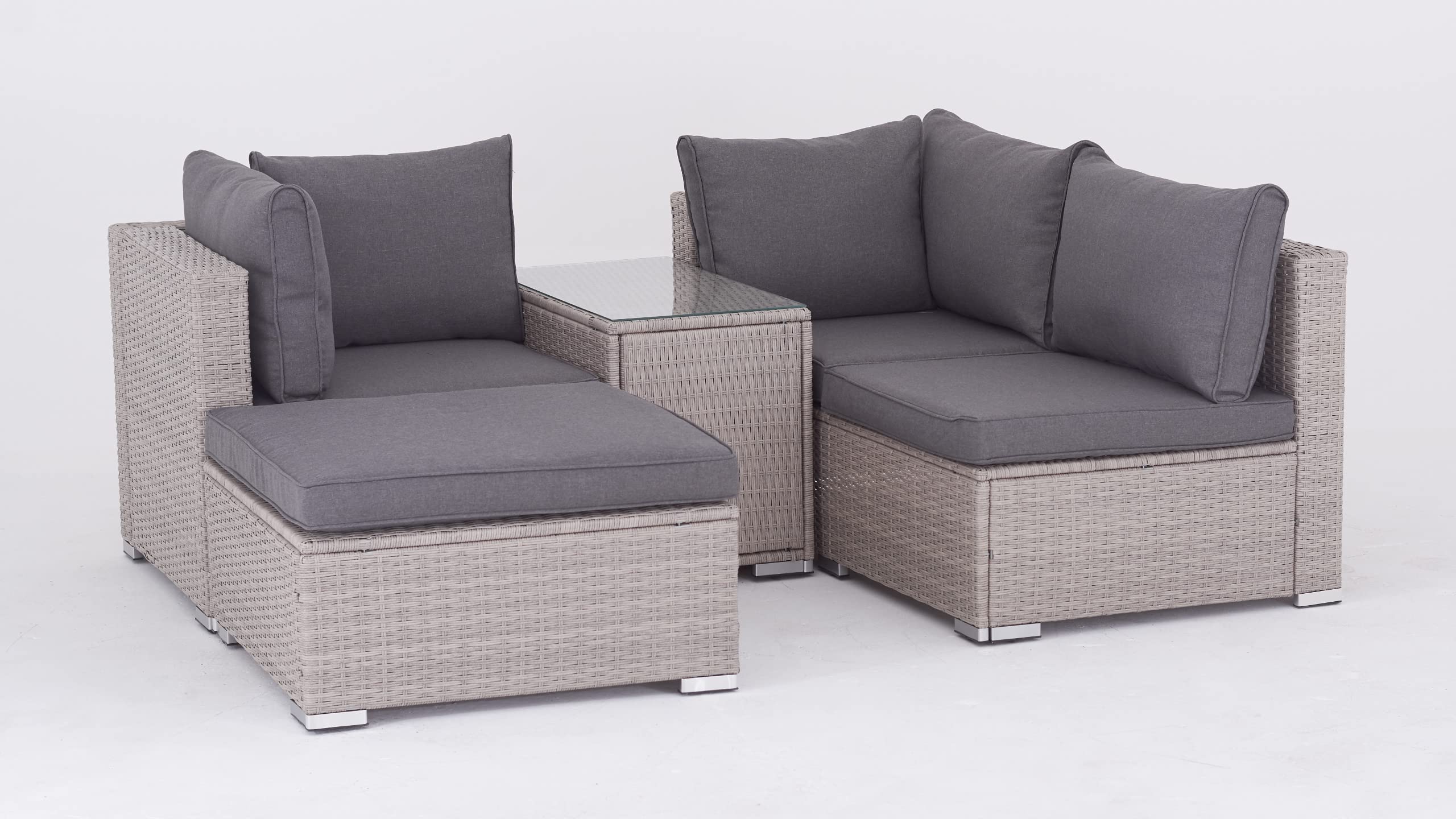 Rattan Polyrattan Lounge Sitzgruppe Garnitur Gartenmöbel aus 3 Sitzer Sofa, Hocker, Tisch mit Stauraum und Abstelltisch mit Glassplatte