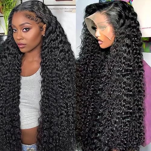 13x6 HD Deep Wave Lace Front Wigs Human Hair Wig for Women 180% Density Glueless Frontal Curly Human Hair Wigs Pre-Plucked With Baby Hair Natural Color (28 Inch)
