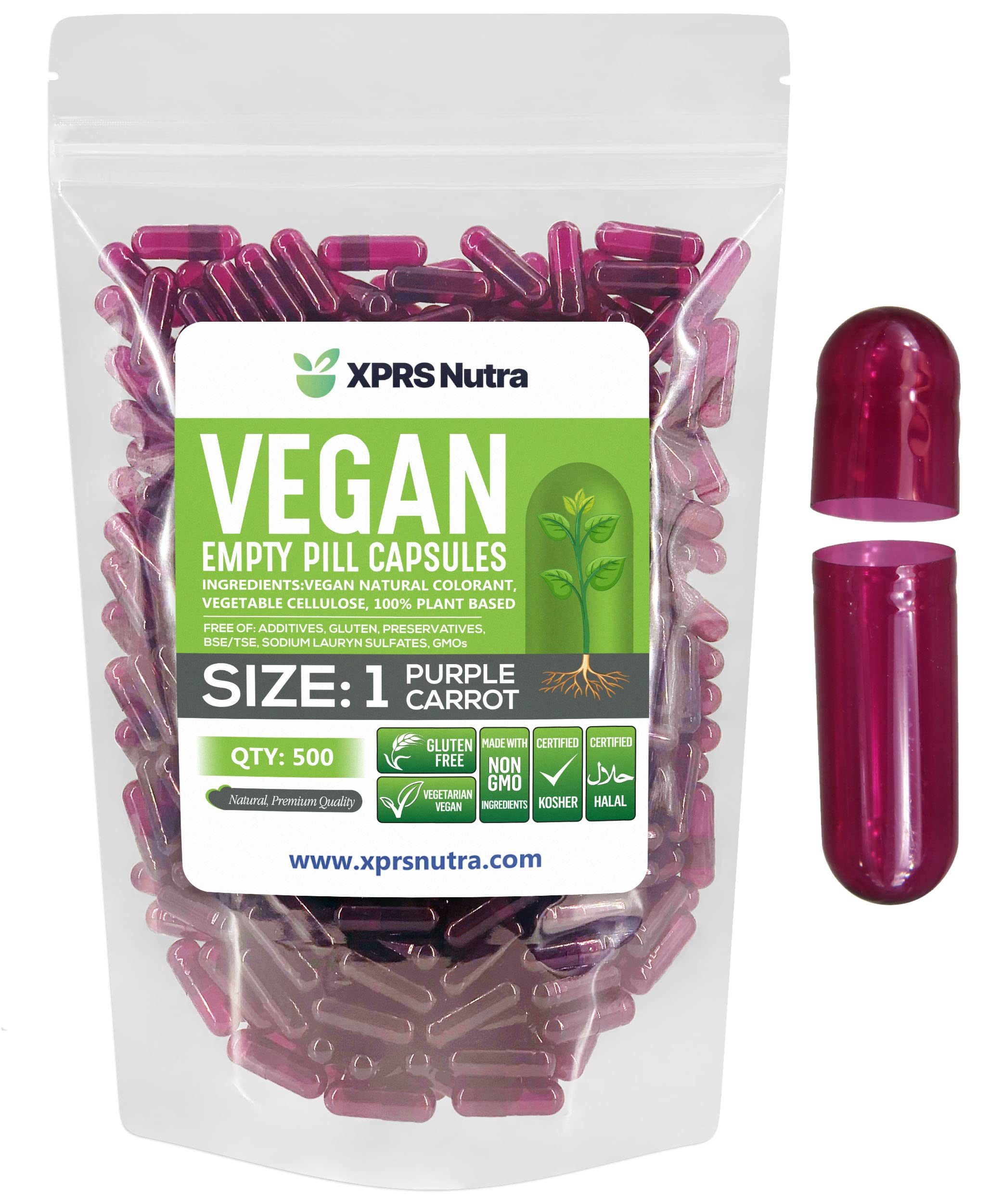 XPRS Nutra Size 1 Empty Capsules - 500 Count Empty Vegan Capsules - Vegetarian Pills - DIY Vegetable Capsule Filling- Veggie Pill Caps for Do-It-Yourself Supplements (Purple Carrot)