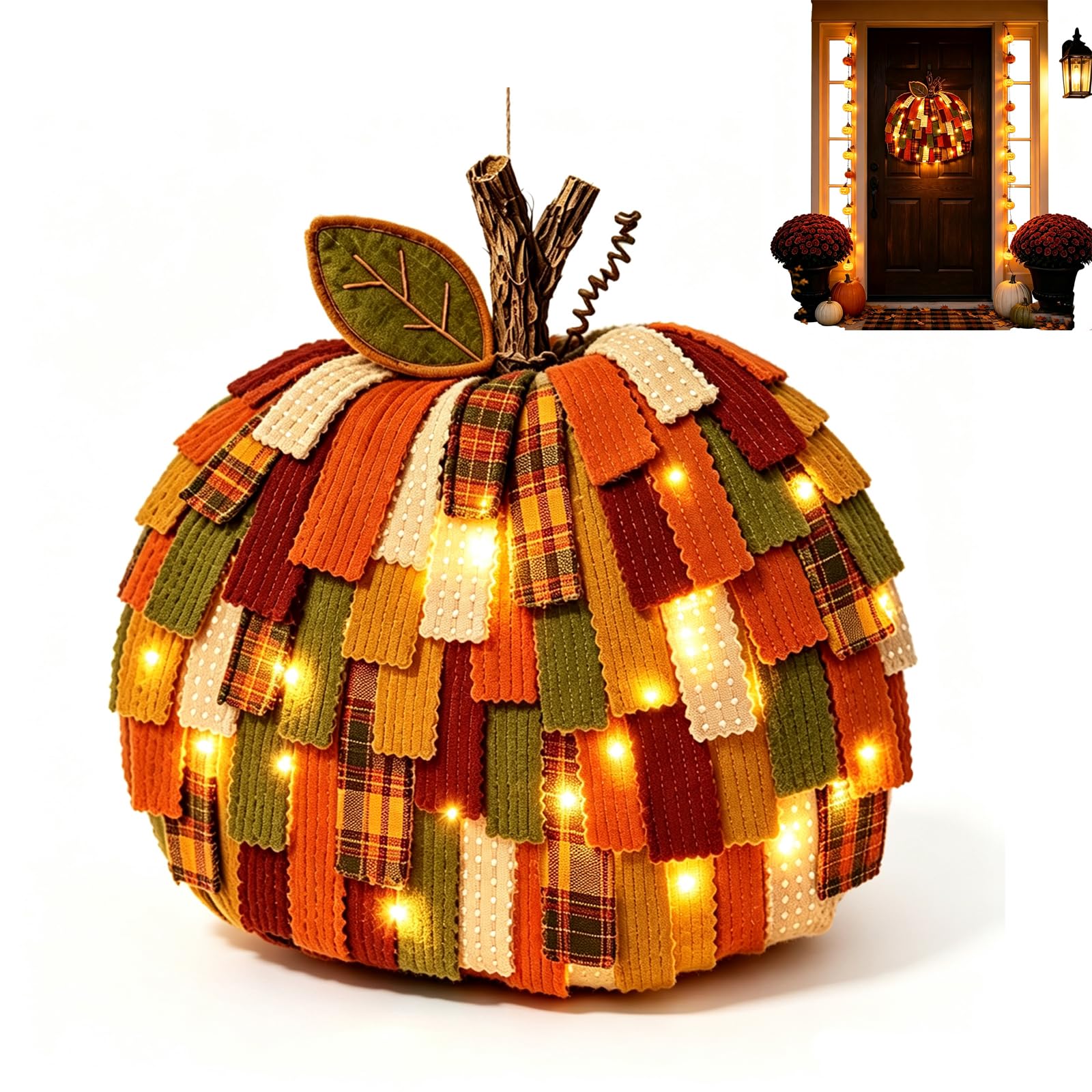 Handmade Patchwork Pumpkin Door Hanger (Led)
