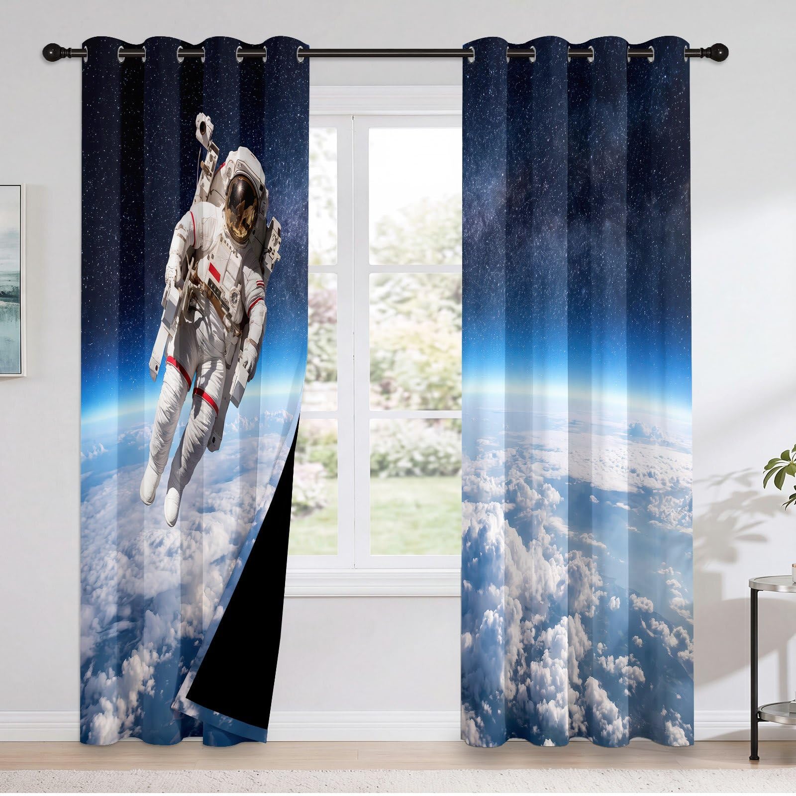 Espacio moderno azul blanco cortina opaca con ojales, 140 x 245 cm
