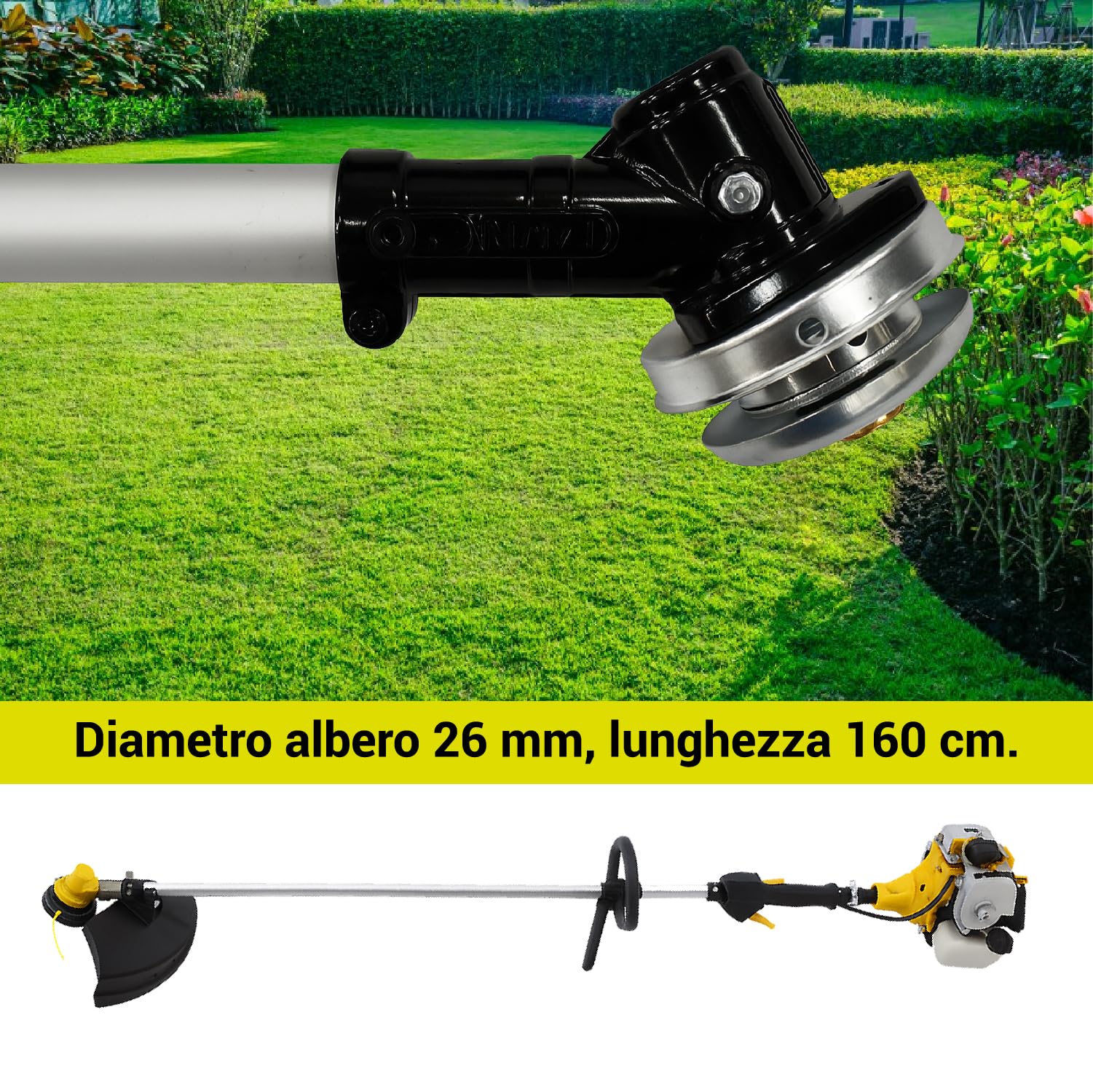 Crisalide Desbrozadora de explosión de 43 cc – Motor de 2 tiempos con carburador Walbro, hoja de 3 dientes y cabezal de nailon – Mango ergonómico, longitud 160 cm, peso 8 kg – Corte preciso