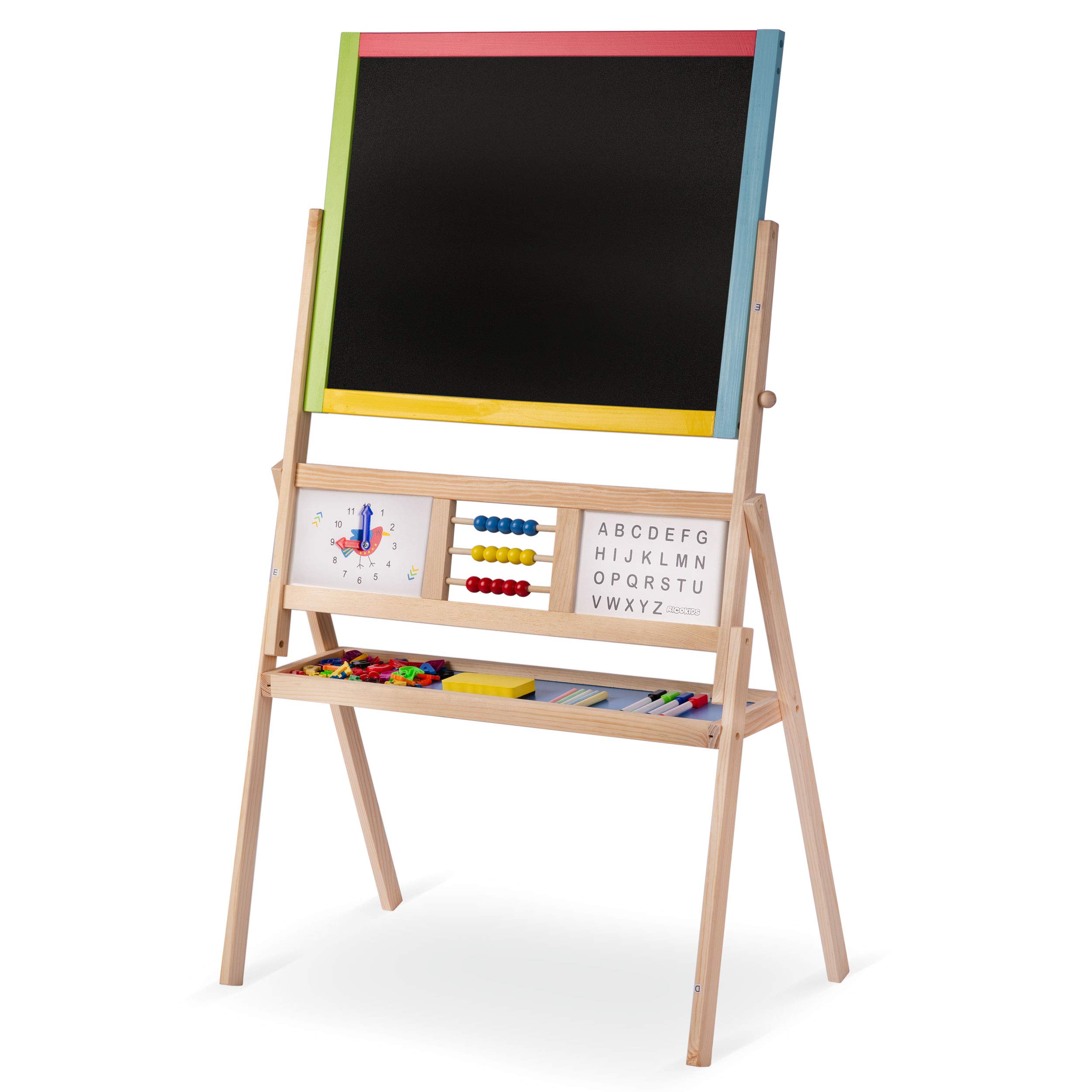 Ricokids Tablica do zabawy dla dzieci, magnetyczna tablica suchościeralna, zegar liczydło i tablica do malowania kredą, tablica dla dzieci, sztaluga z drewna