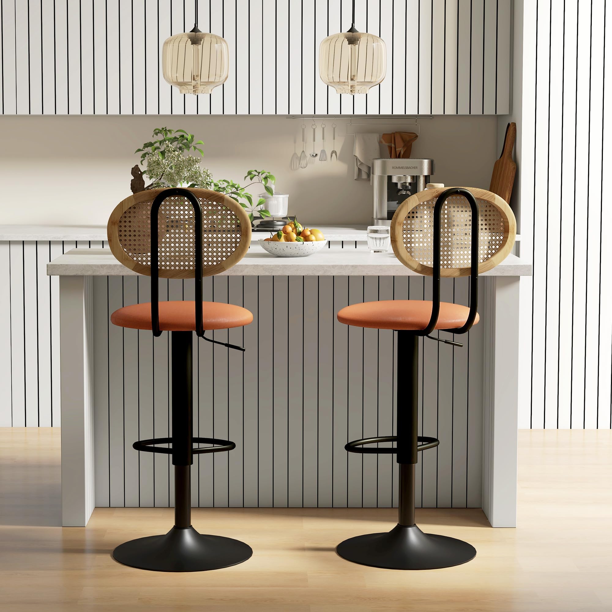 HOMCOM Lot de 2 Tabourets de Bar Hauteur Réglable Dossier Rotin Marron