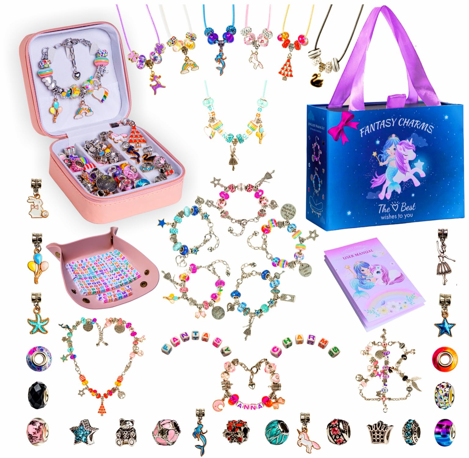 Fantasy Charm Bracelet Making Kit for Girls, 300+ pcs Jewelry Making for Girls 8-12, Kids Charm Bracelet Kit including Letter Beads & Charm Necklace, Crafts,Jewelry Making Supplies for Adults as Gift!